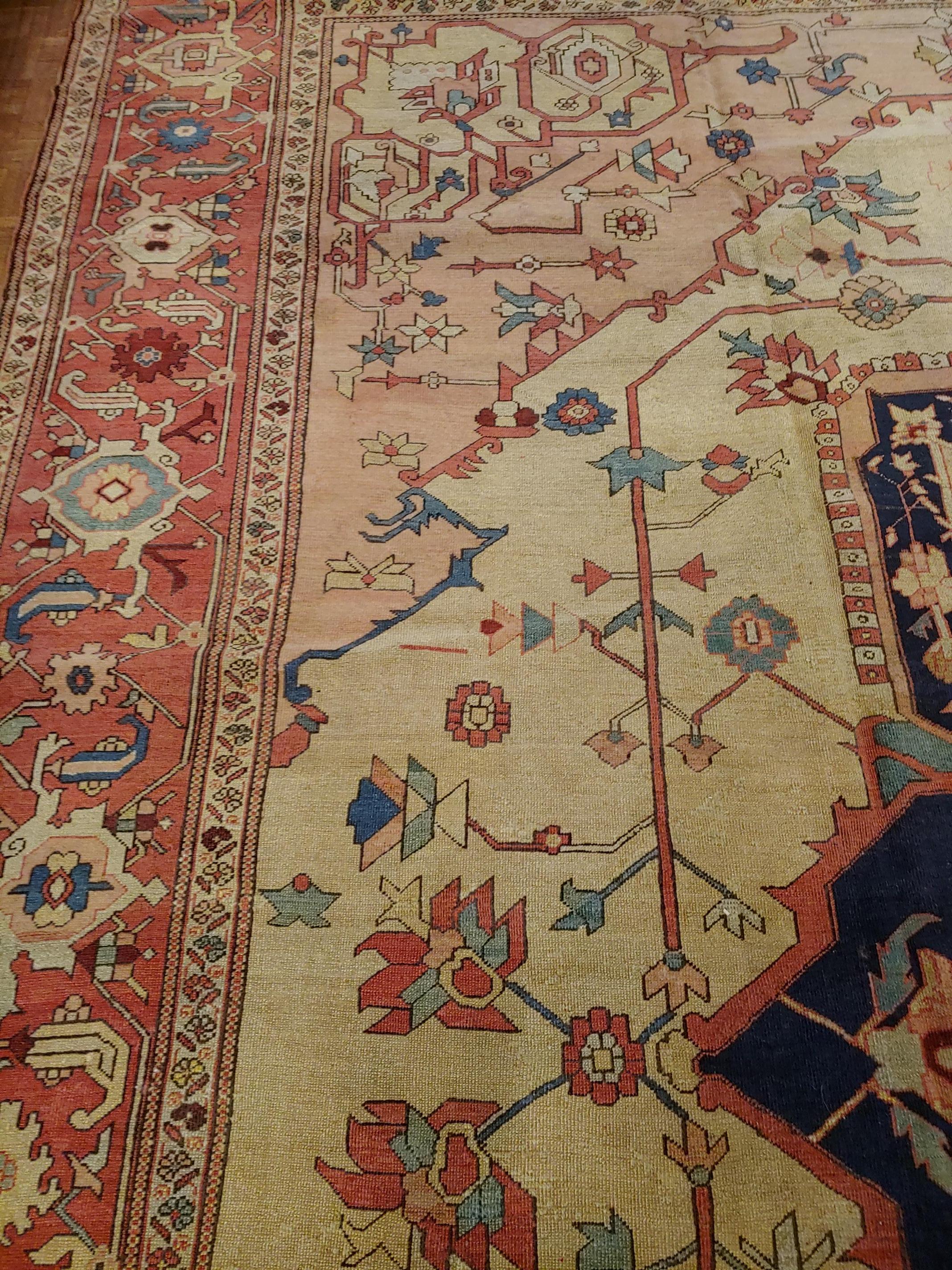 19th Century Antique Persian Serapi Rug, Very Old Heriz, Ivory Field, Wool For Sale