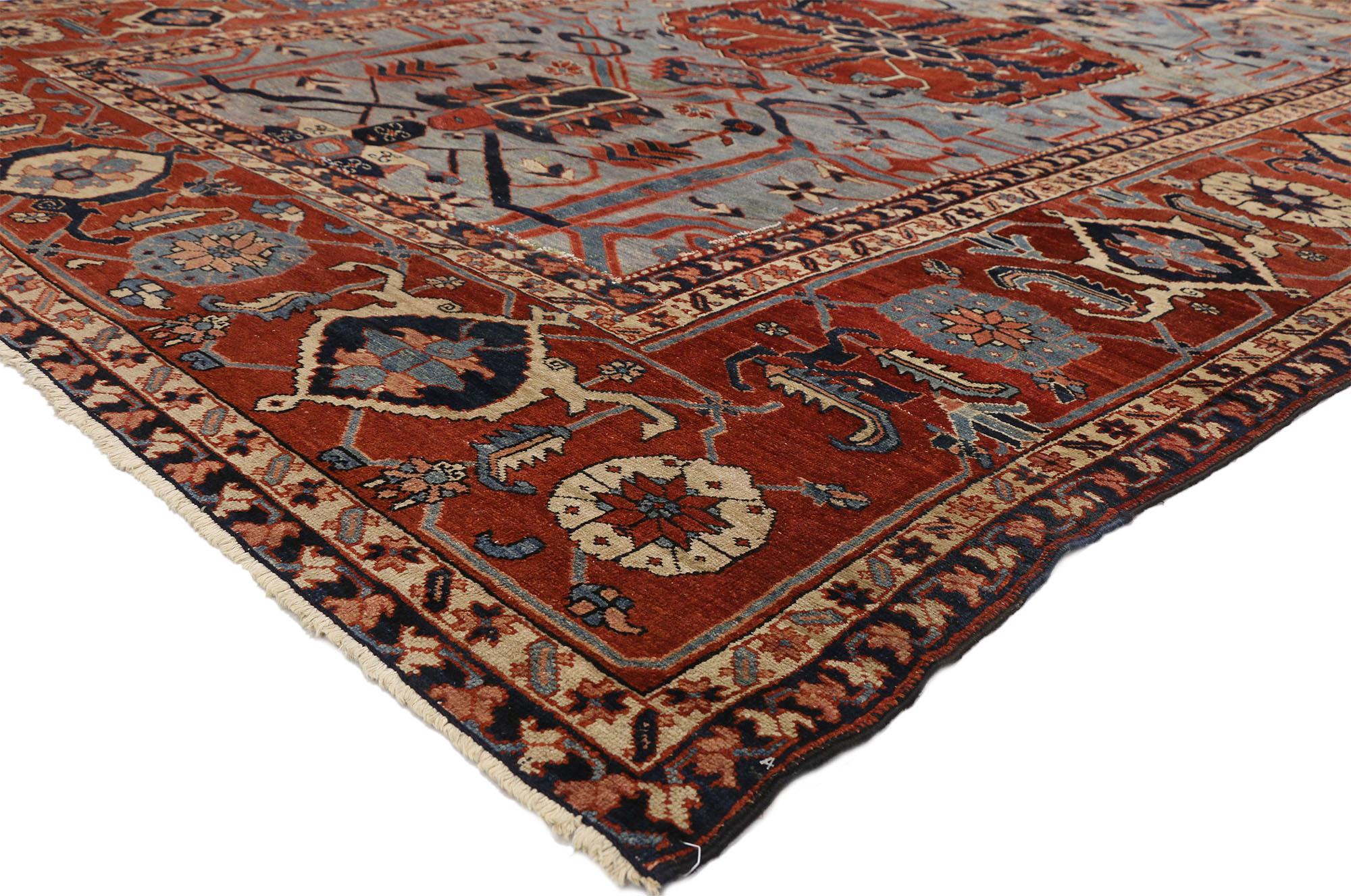 74059 Antique Persian Serapi Rug 09'02 X 13'06.
Ivy league style meets nomadic charm in this antique Persian Serapi rug. The intrinsic tribal design and sophisticated colors woven into this piece work together creating a relaxed yet elevated feel