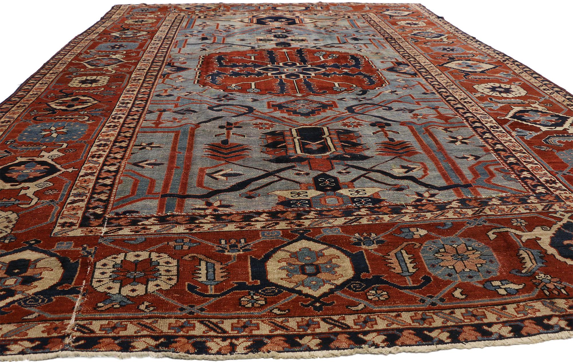 Hand-Knotted Antique Persian Serapi Rug, Ivy League Style Meets Nomadic Charm For Sale