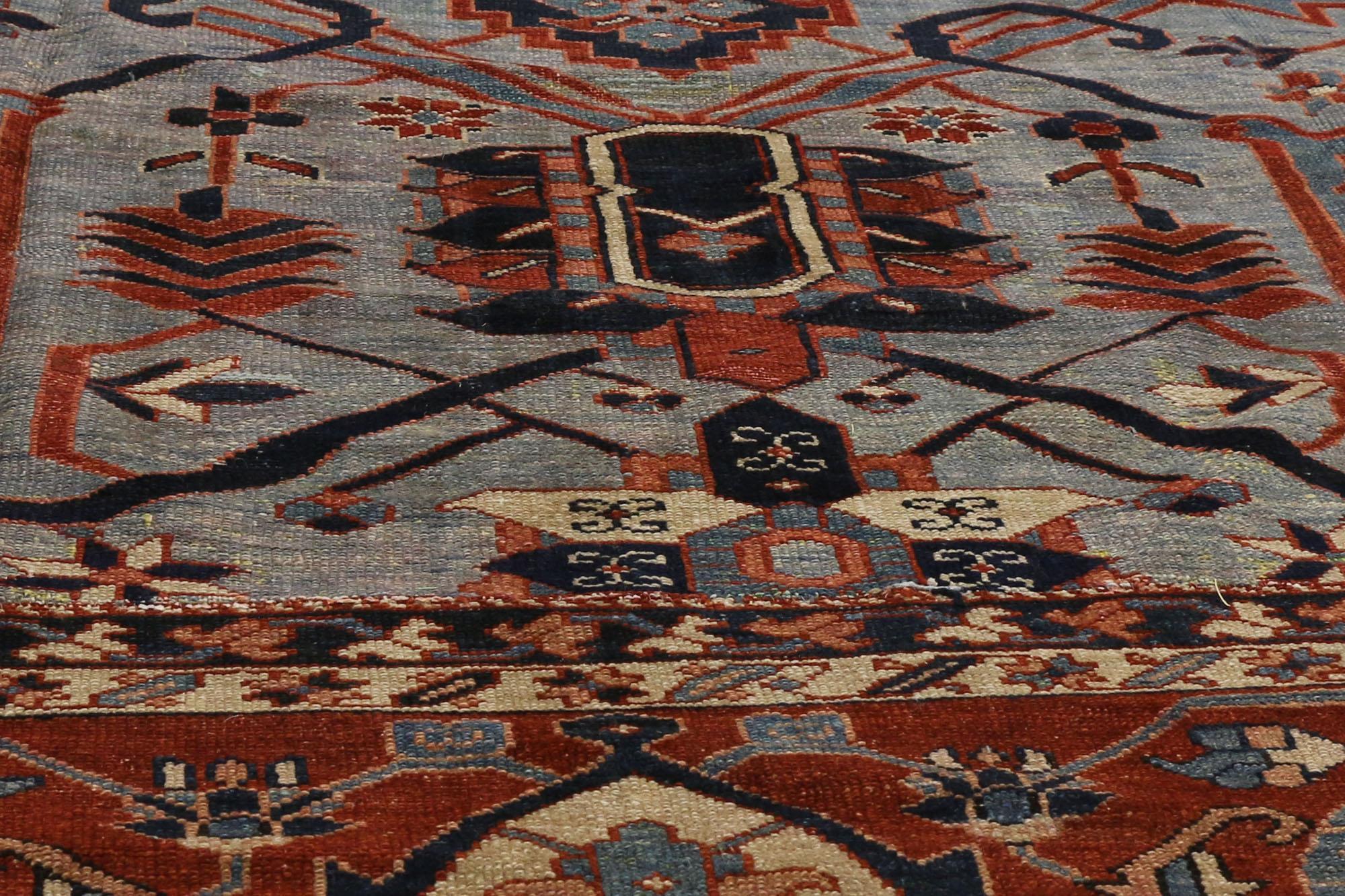 Antique Persian Serapi Rug, Ivy League Style Meets Nomadic Charm In Distressed Condition For Sale In Dallas, TX