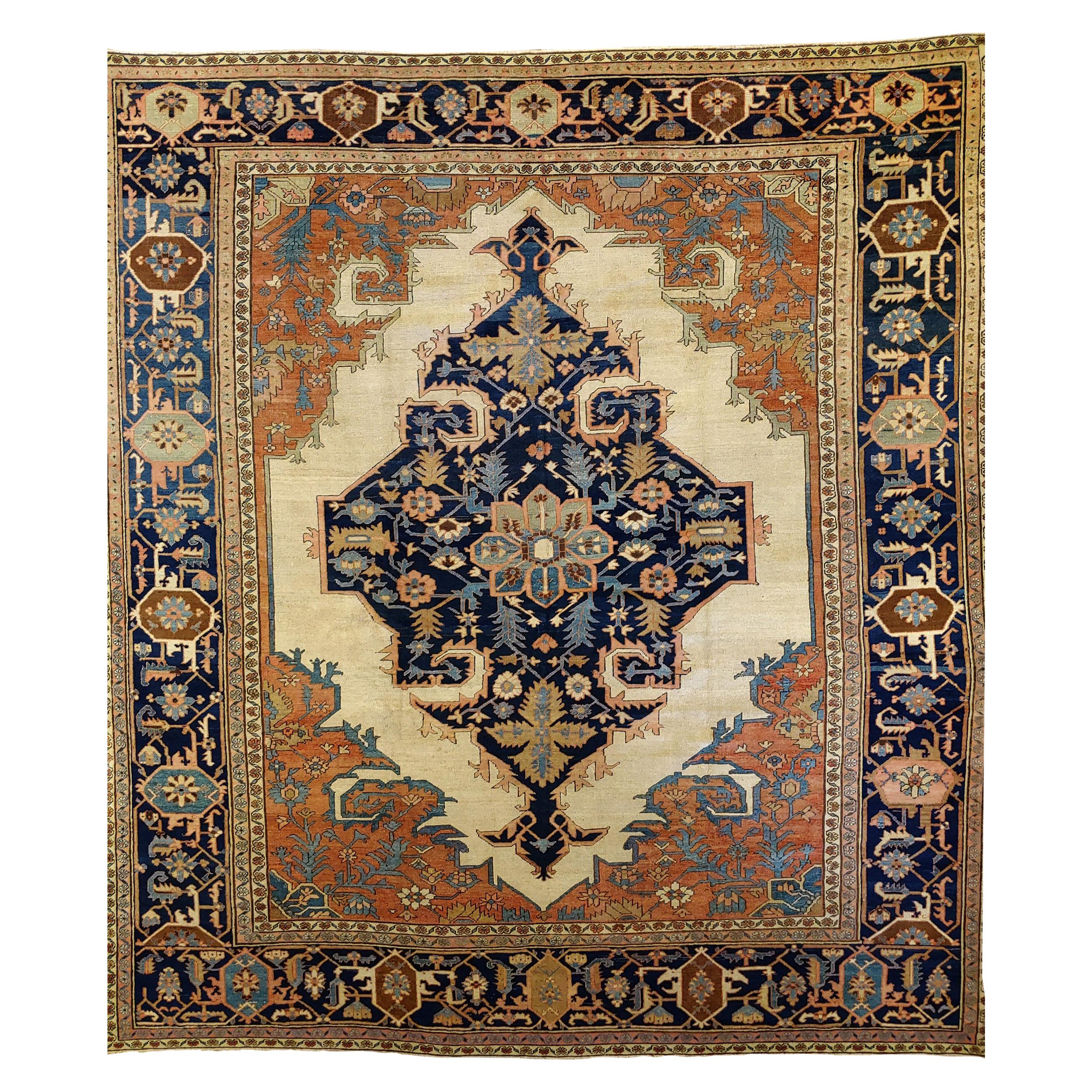 Antique Persian Serapi Rug 'Old Heriz', Ivory Field, Wool, Room Size, 1890 For Sale
