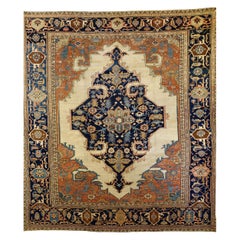 Antique Persian Serapi Rug 'Old Heriz', Ivory Field, Wool, Room Size, 1890