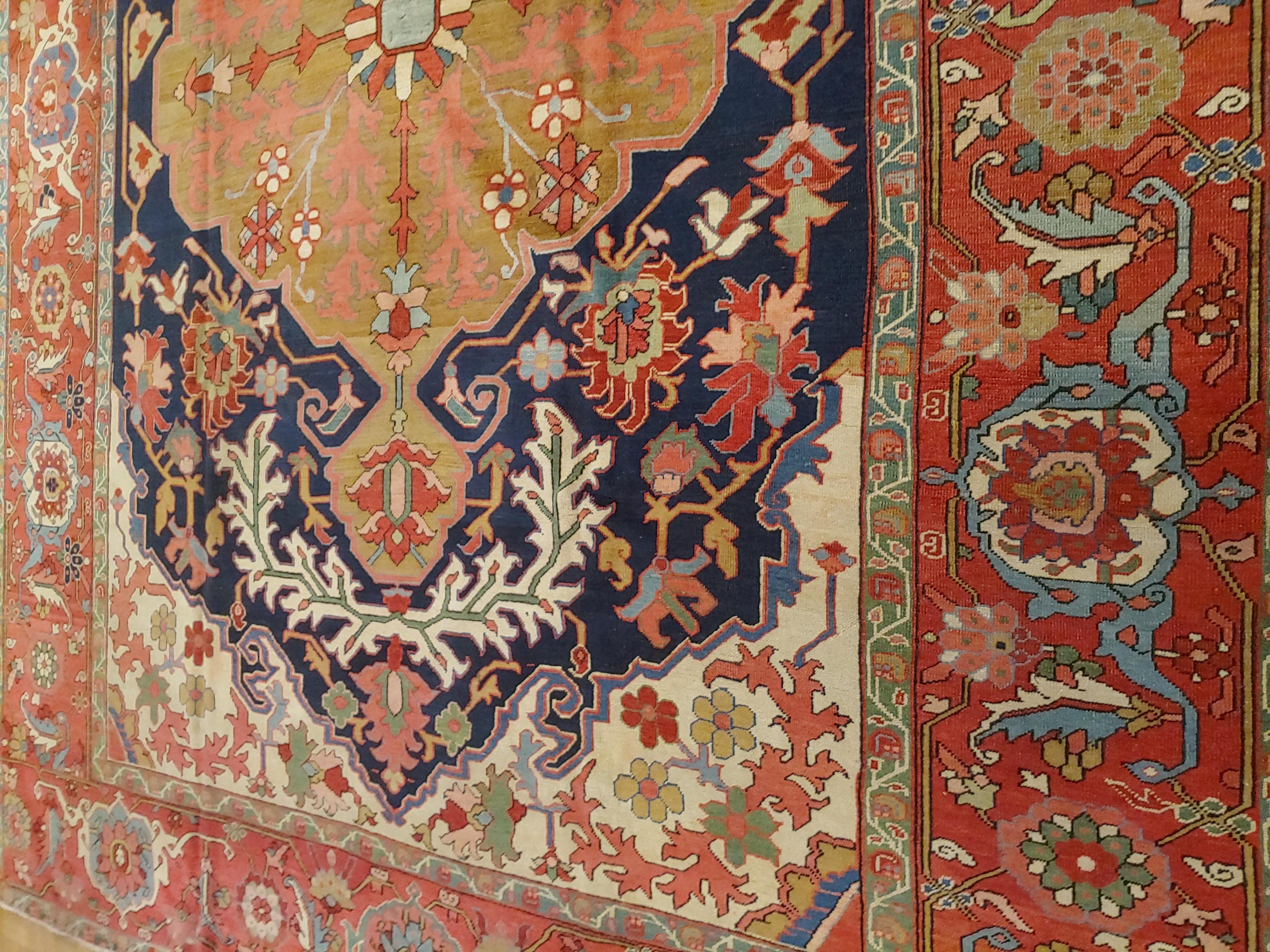 Heriz Serapi Antique Persian Serapi Rug 'Old Heriz', Navy Field, Wool, Room Size, 1890