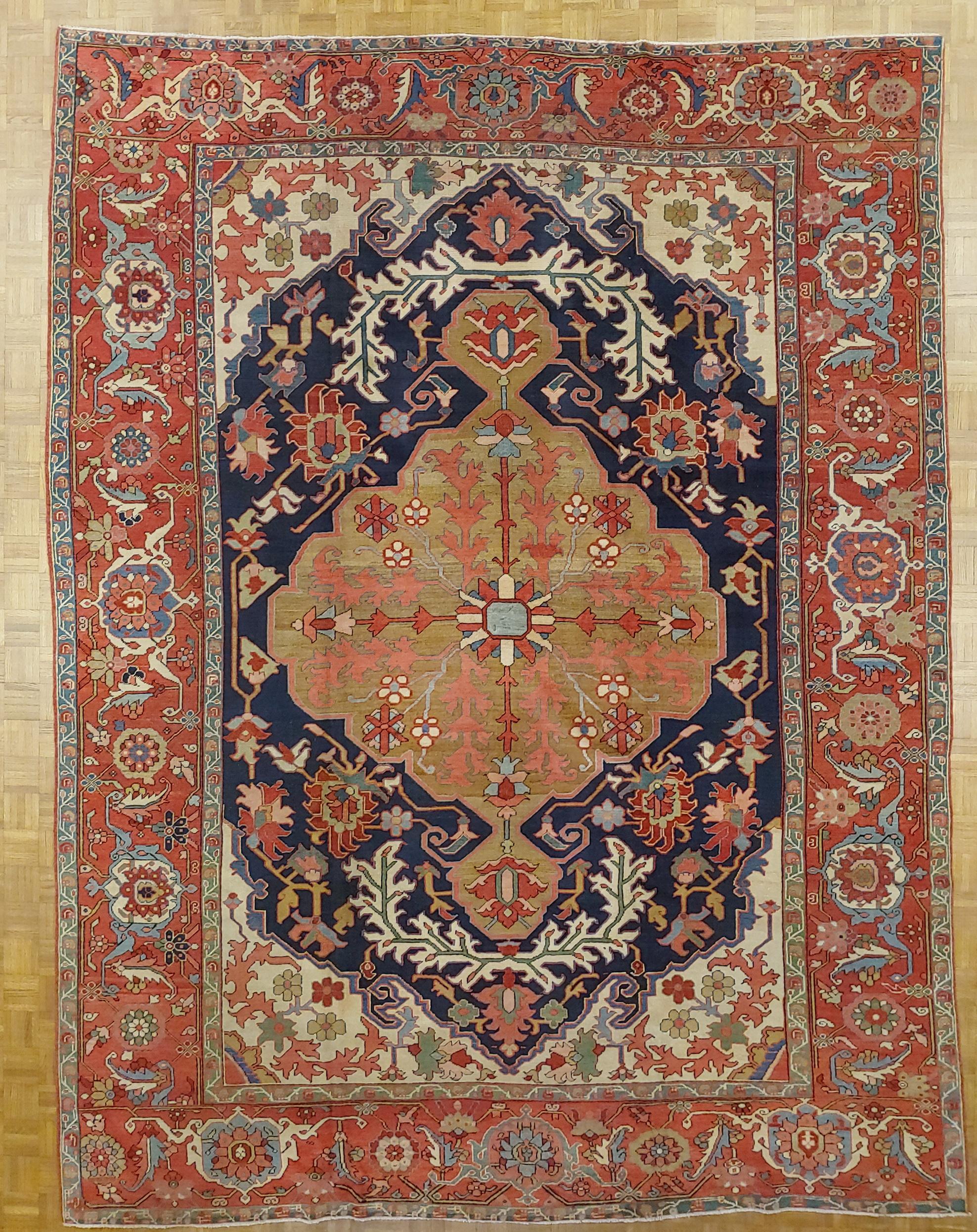 Woven Antique Persian Serapi Rug 'Old Heriz', Navy Field, Wool, Room Size, 1890