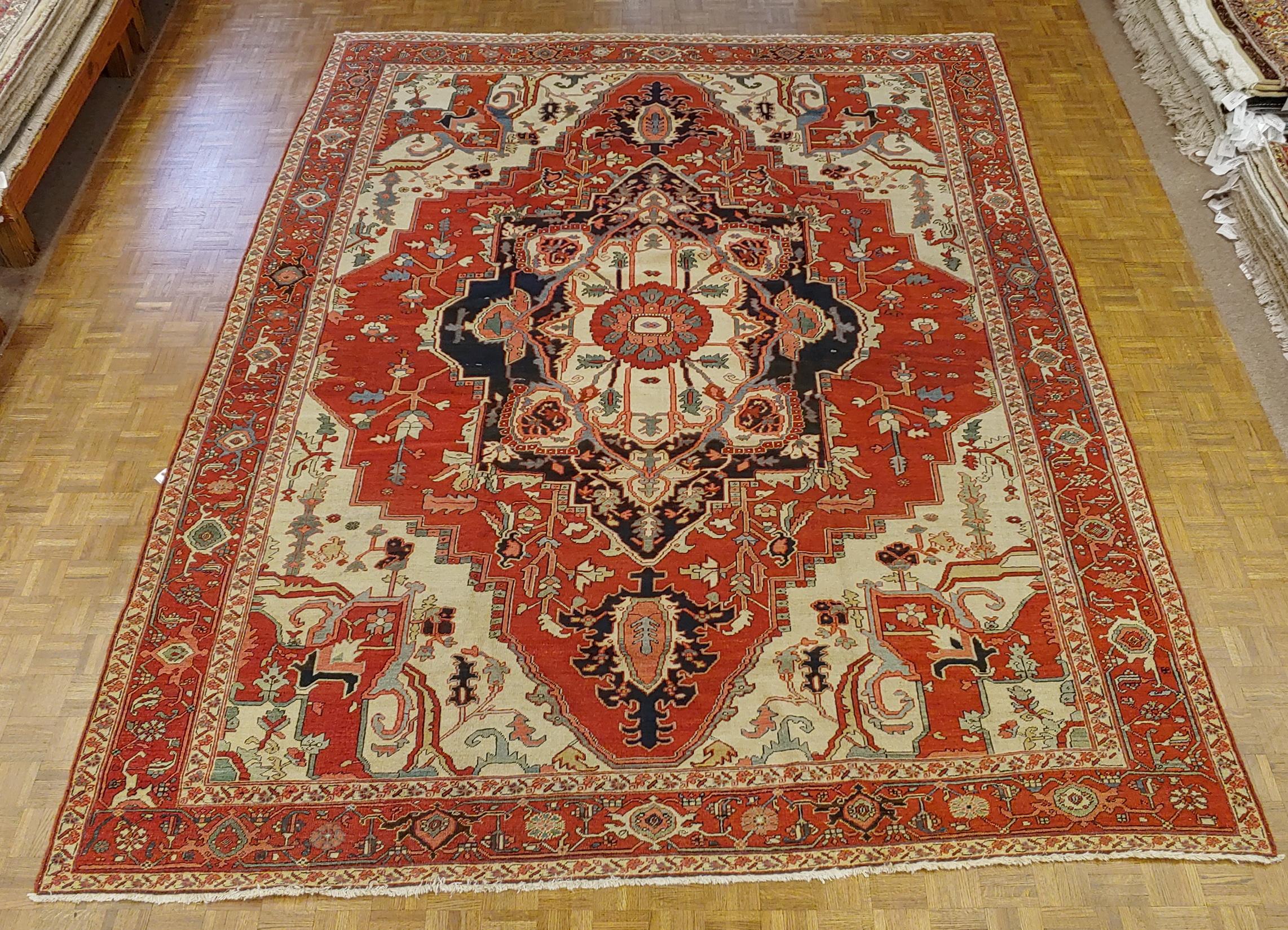 Heriz Serapi Antique Persian Serapi Rug, Red-Rust Field, Wool, 1890 For Sale