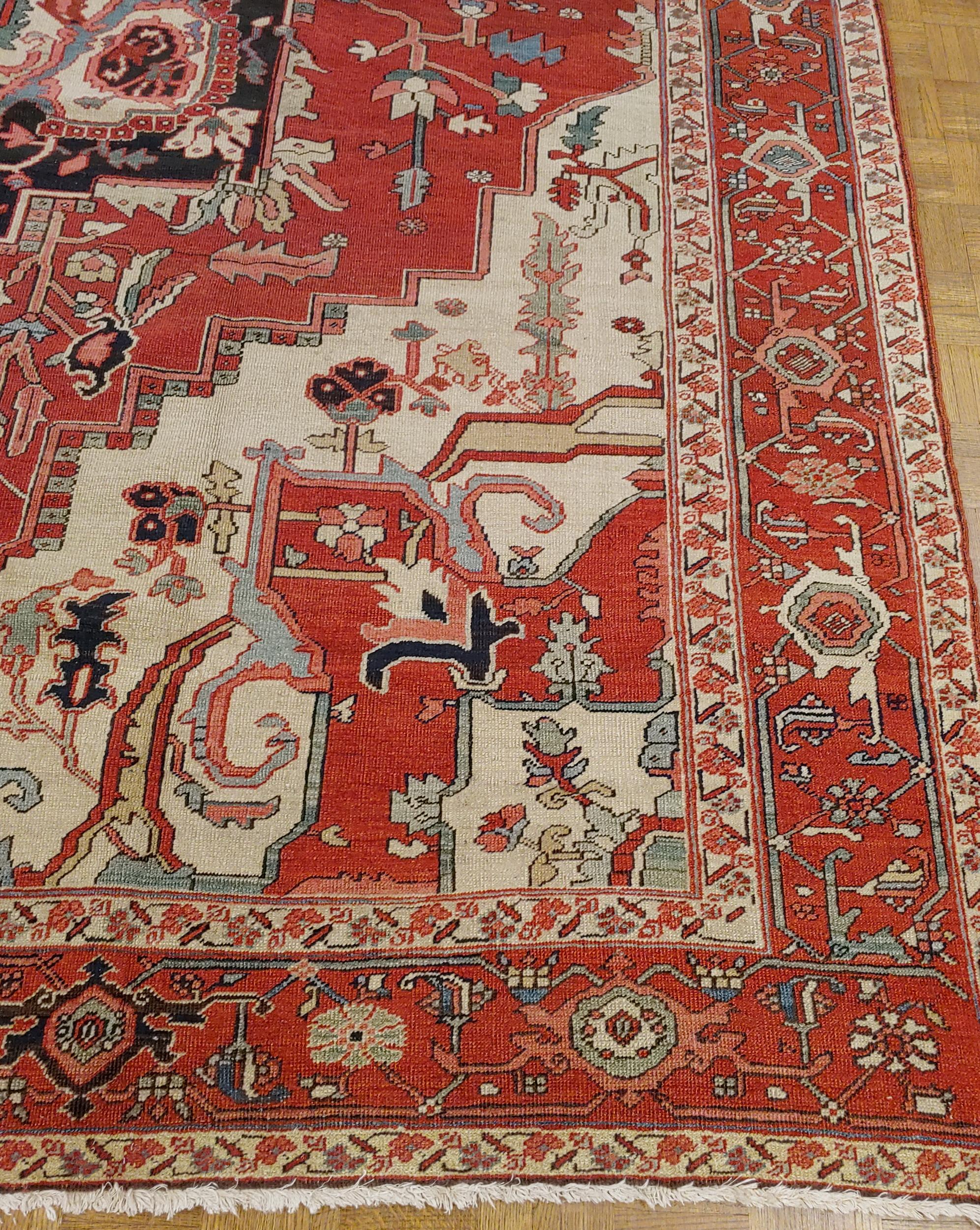 Woven Antique Persian Serapi Rug, Red-Rust Field, Wool, 1890 For Sale