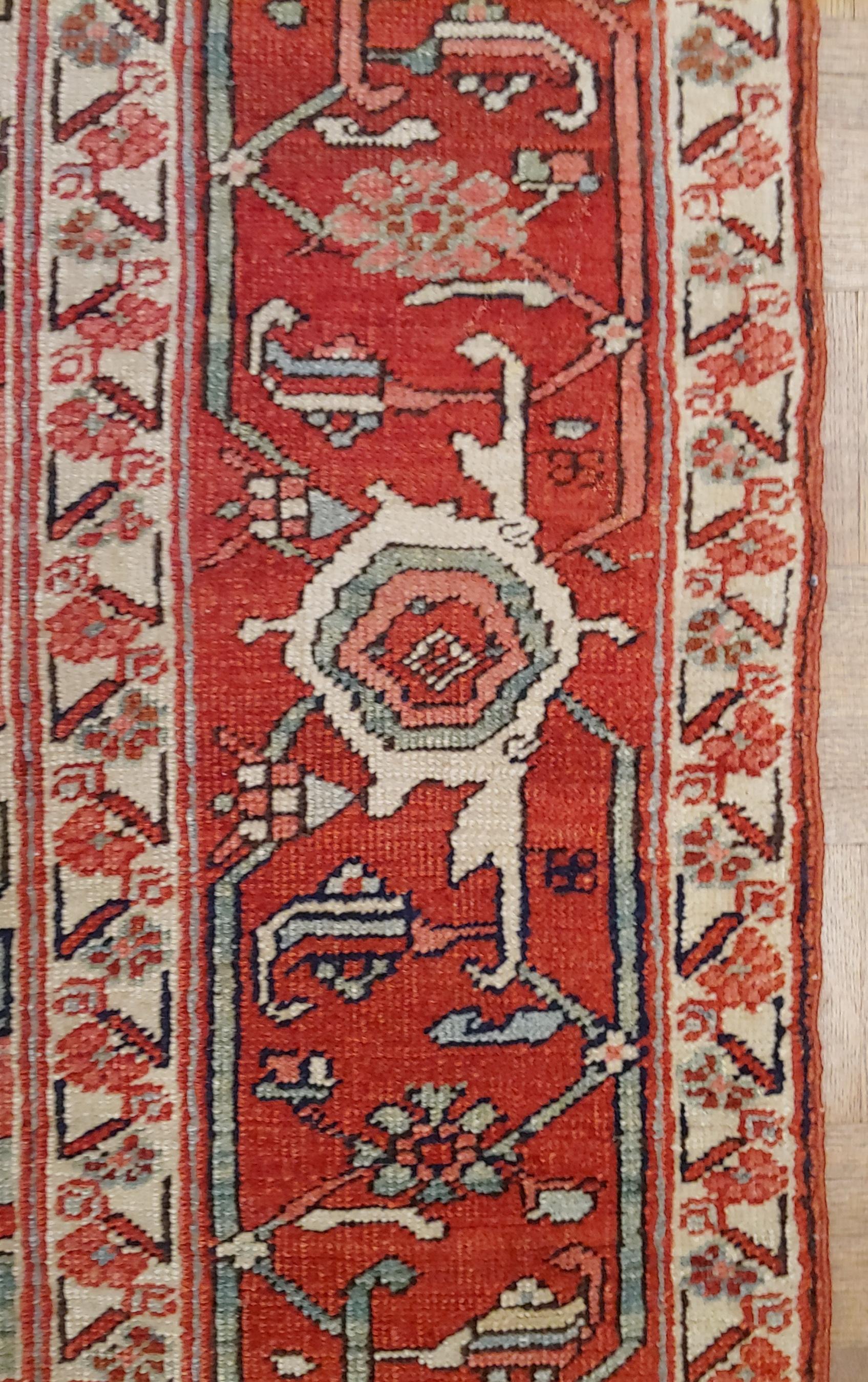 19th Century Antique Persian Serapi Rug, Red-Rust Field, Wool, 1890 For Sale