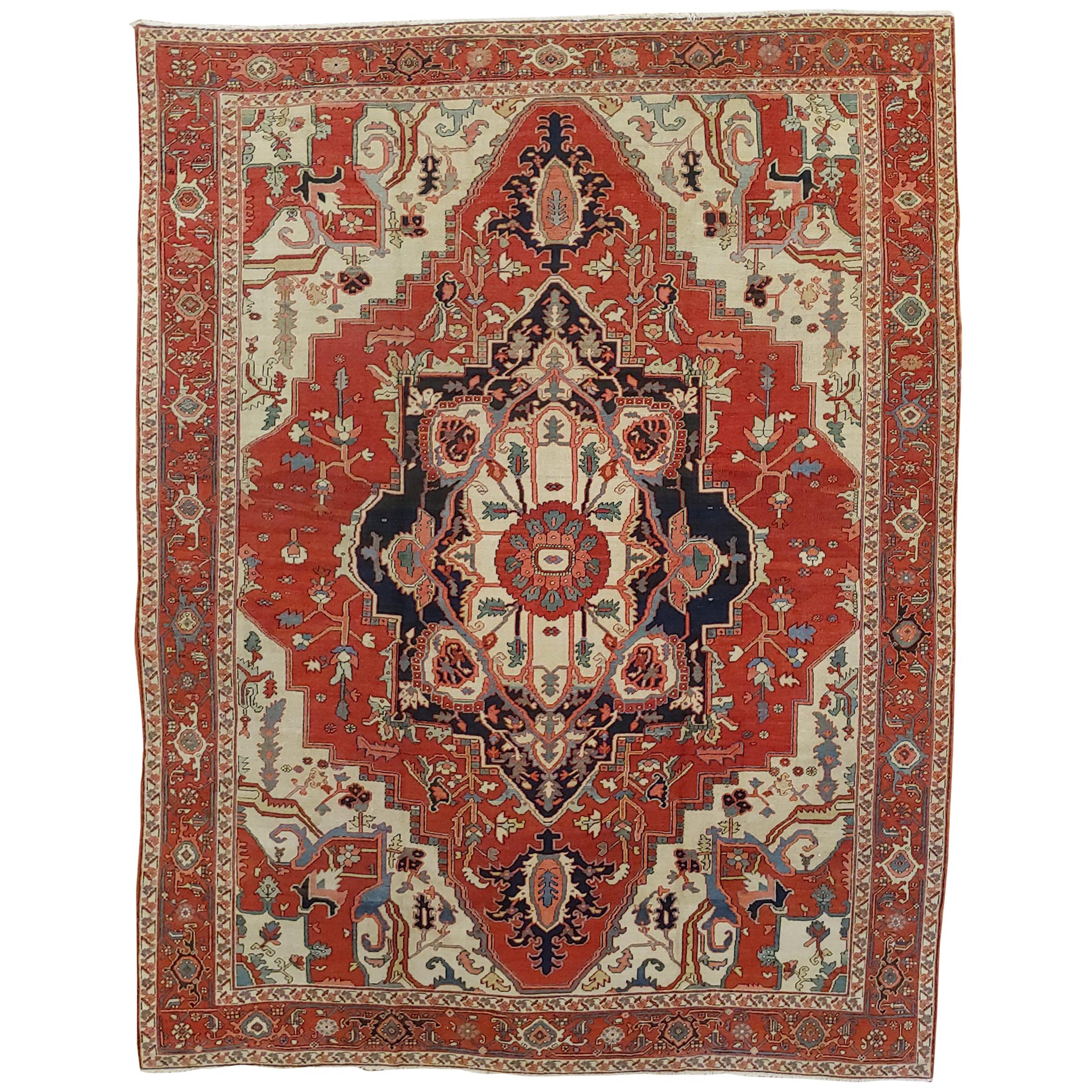 Antique Persian Serapi Rug, Red-Rust Field, Wool, 1890 For Sale