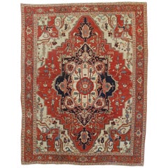 Antique Persian Serapi Rug, Red-Rust Field, Wool, 1890