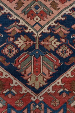 Antique Persian Serapi Rug, Rust Field, Blue Borders, Pink and Green Accents