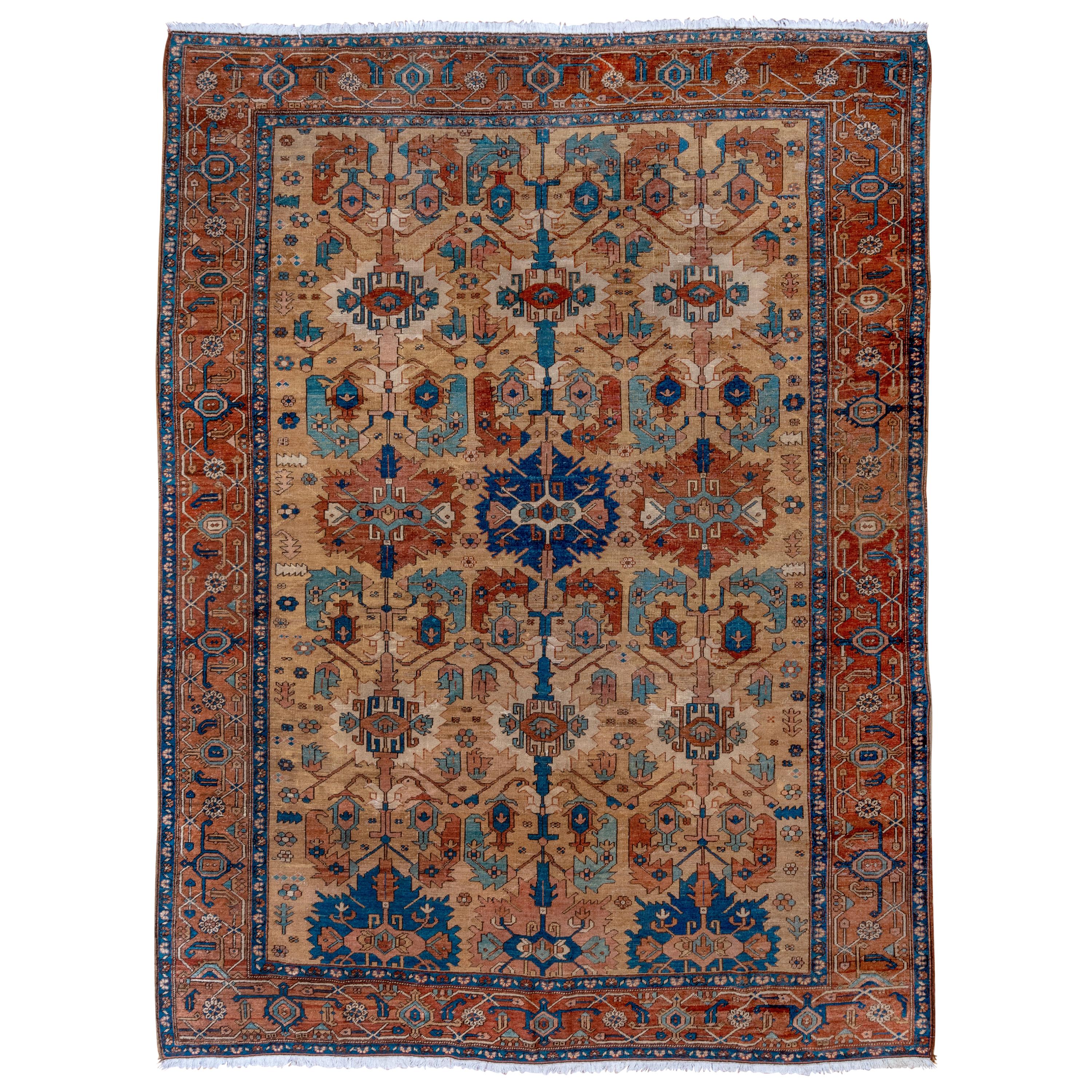 Antique Persian Serapi Rug, Tan All-Over Field, Rust Borders, Royal Blue Accents For Sale