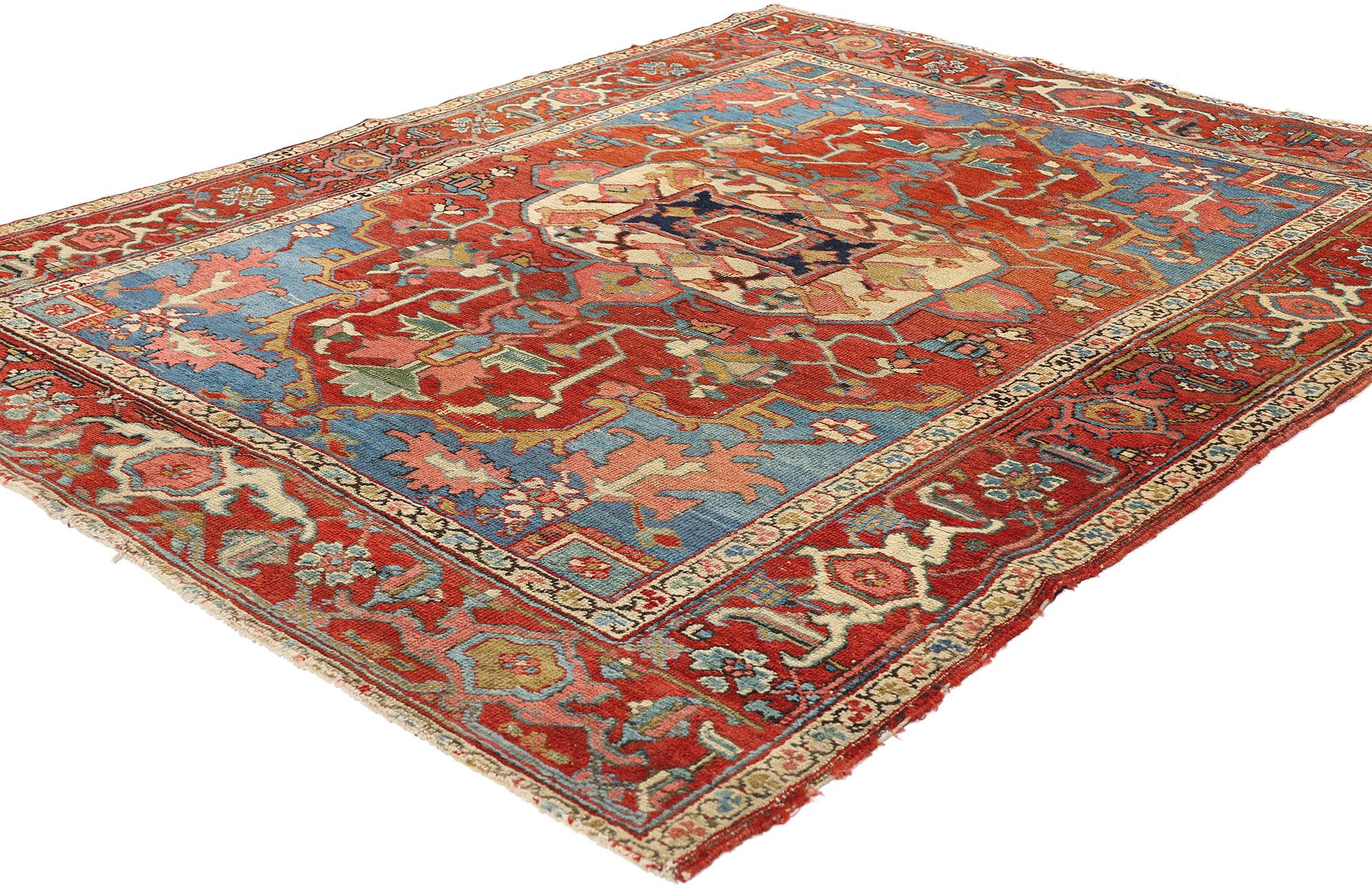 78168 Antique Persian Serapi Rug, 04'09 x 06'01. Embark on a journey through time with our hand-knotted wool antique Persian Serapi rug, a testament to the rich heritage of craftsmanship rooted in the rugged mountains of Azerbaijan, Northwest