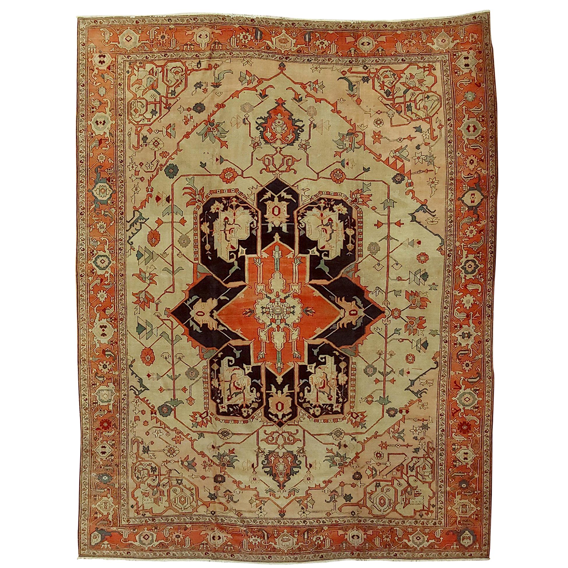 Antique Persian Serapi Rug, Very Old Heriz, Ivory Field, Wool For Sale