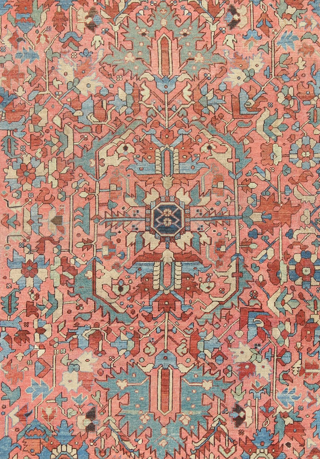 Antique Persian Serapi Rug with All-Over Geometric Design in Salmon, Light Blue In Good Condition In Atlanta, GA