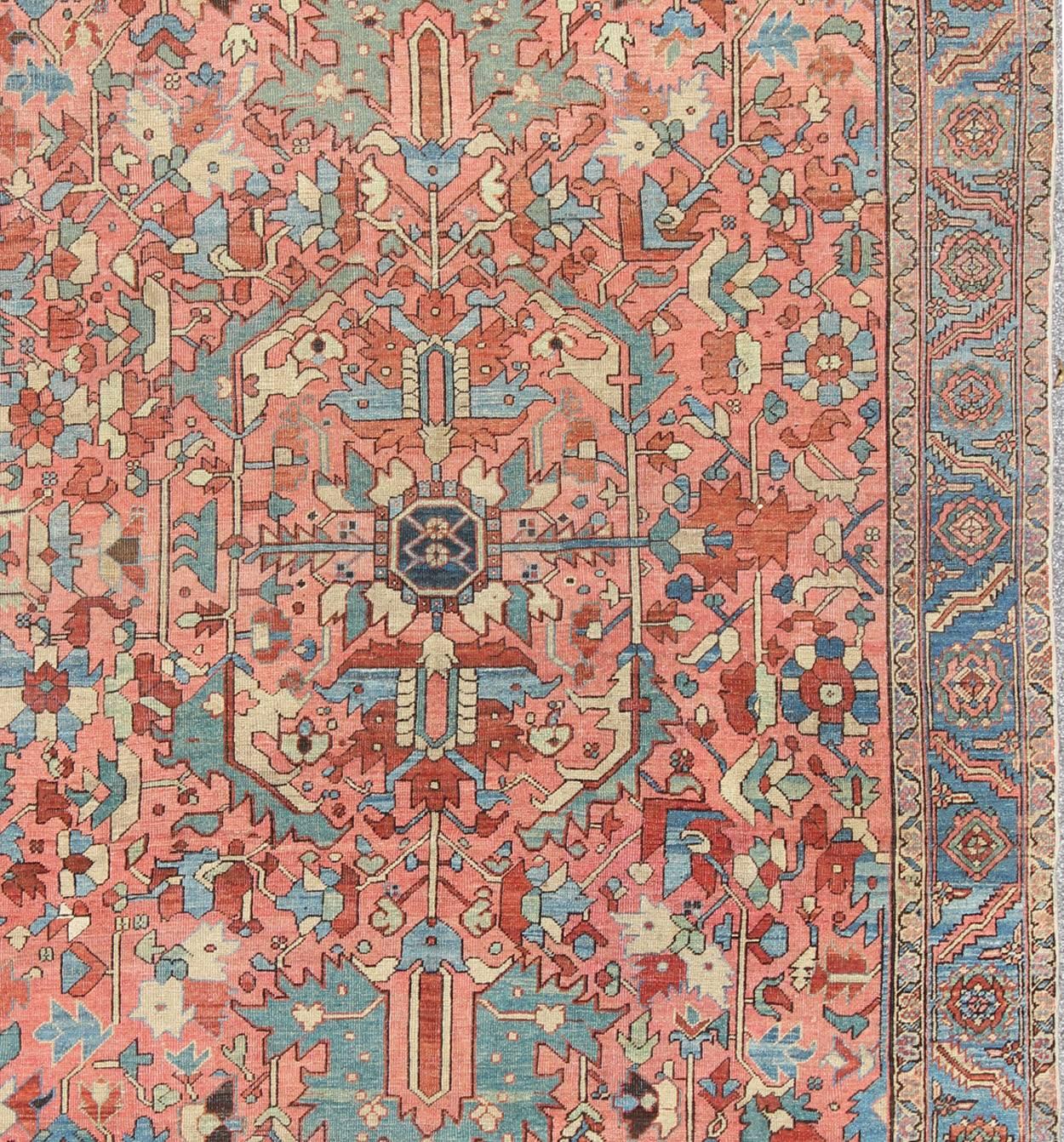 20th Century Antique Persian Serapi Rug with All-Over Geometric Design in Salmon, Light Blue