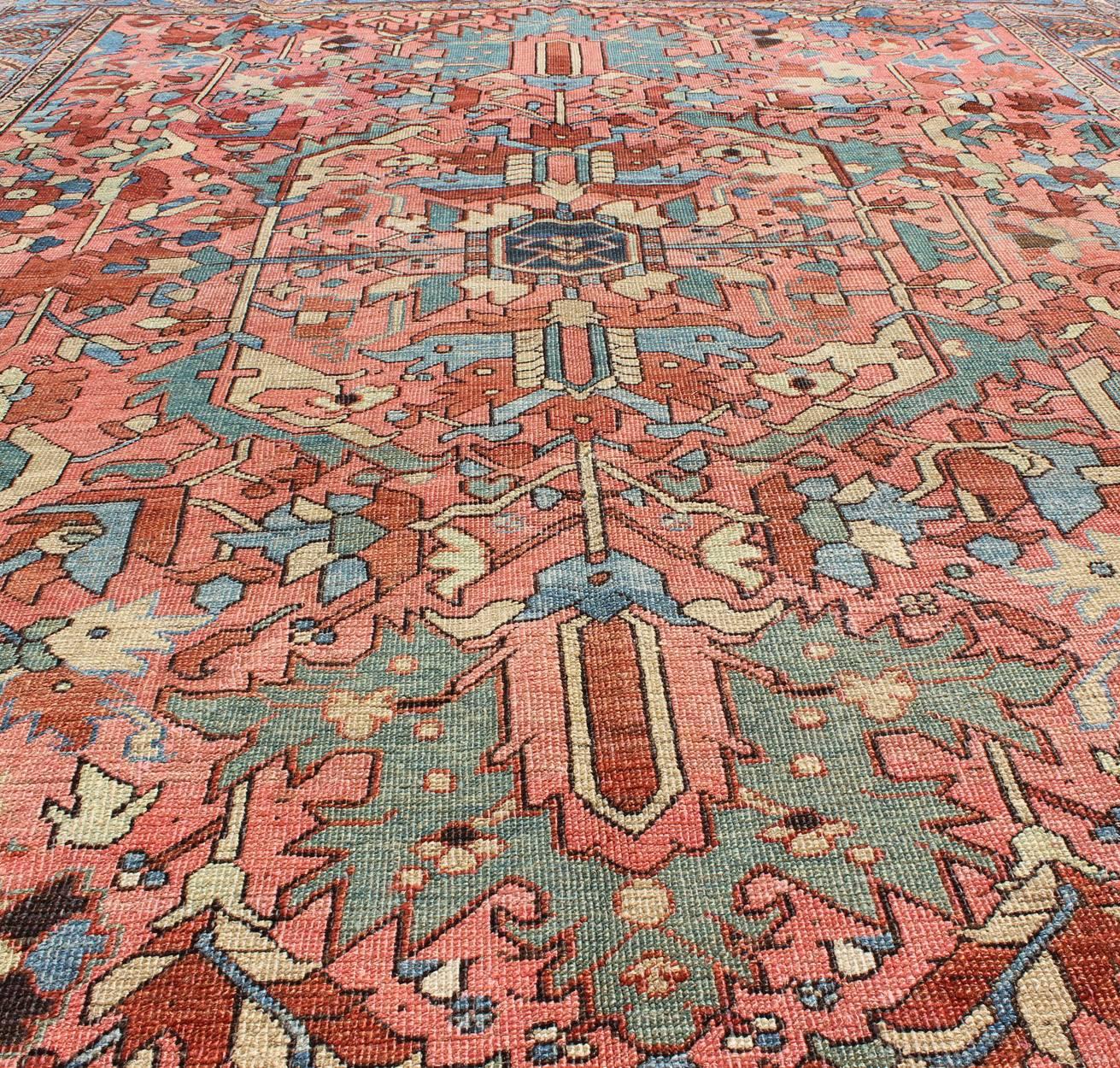 Antique Persian Serapi Rug with All-Over Geometric Design in Salmon, Light Blue 1