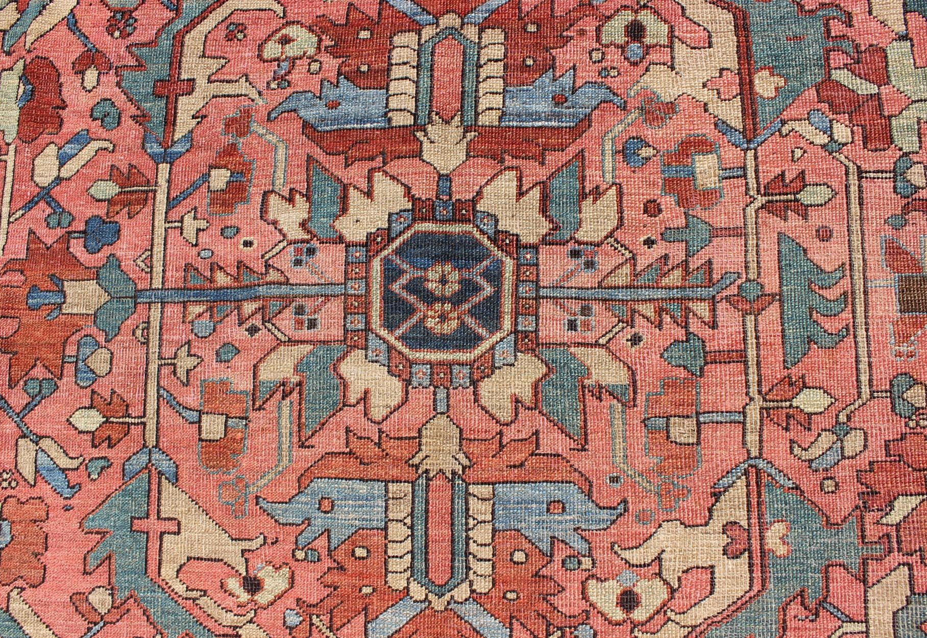 Antique Persian Serapi Rug with All-Over Geometric Design in Salmon, Light Blue 3