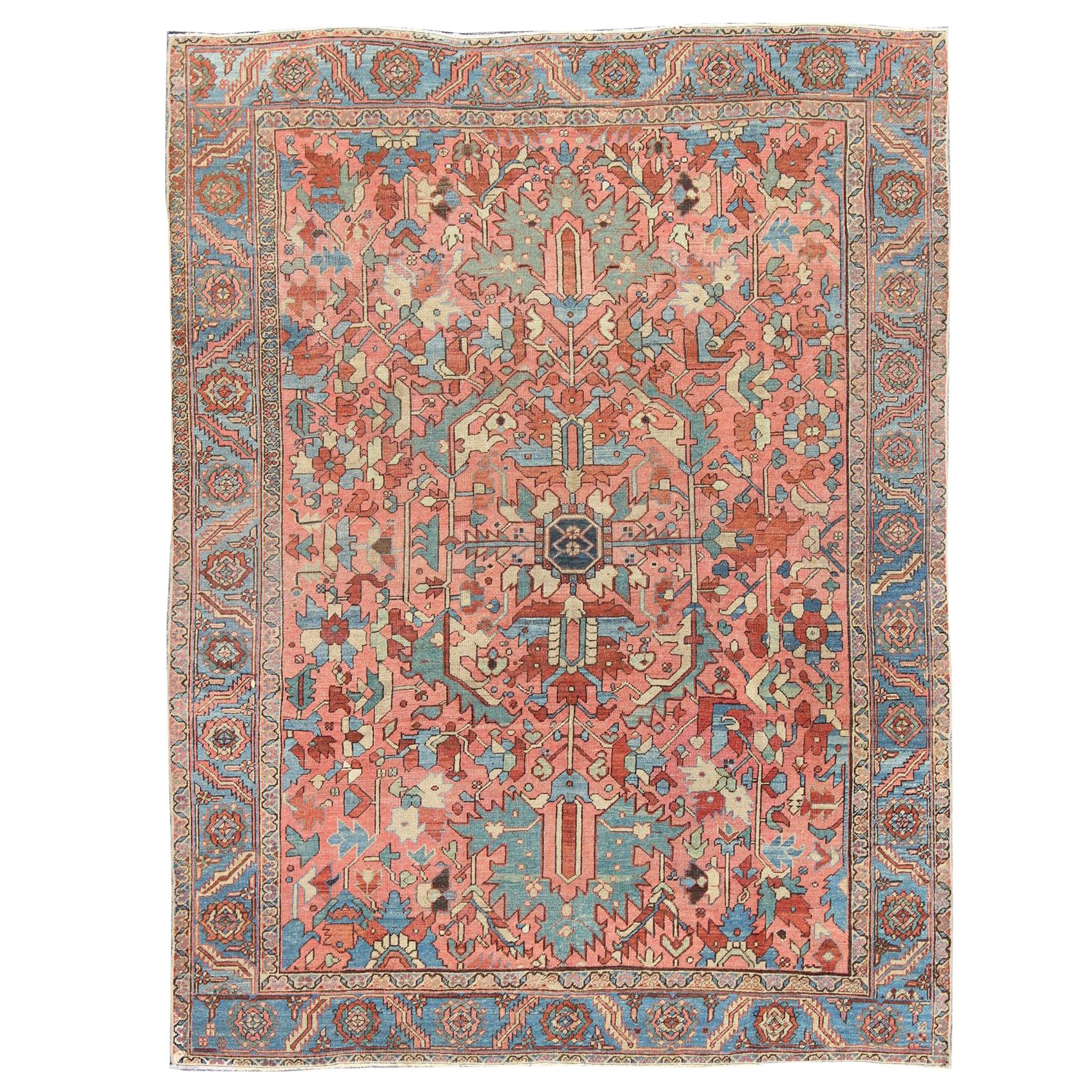 Antique Persian Serapi Rug with All-Over Geometric Design in Salmon, Light Blue