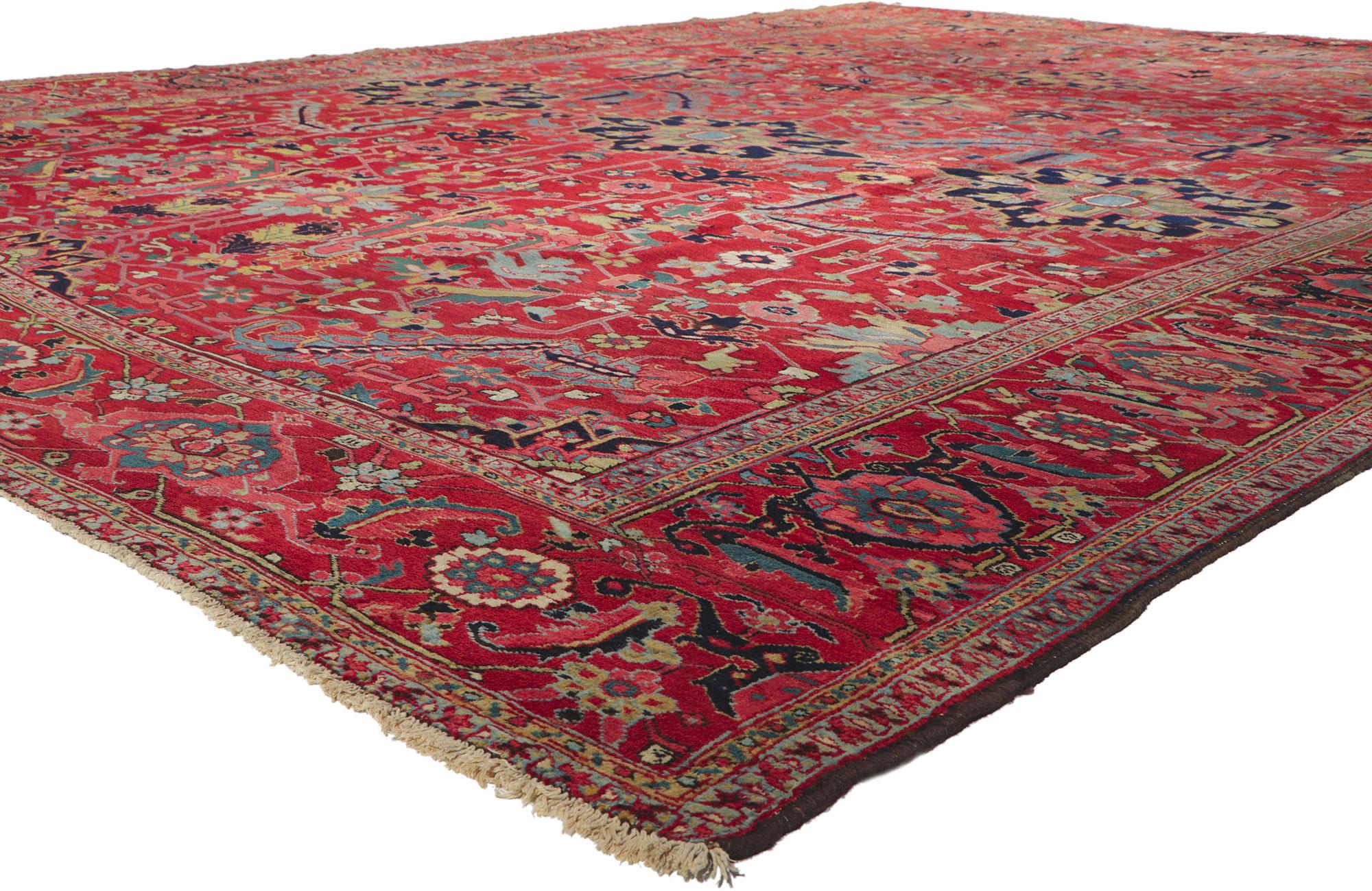 78338 Antique Persian Serapi rug, measures 11'10 x 15'10. Highlighting the coveted allover design, incredible detail and texture, this hand knotted wool antique Persian Serapi rug is a captivating vision of woven beauty. The eye-catching botanical