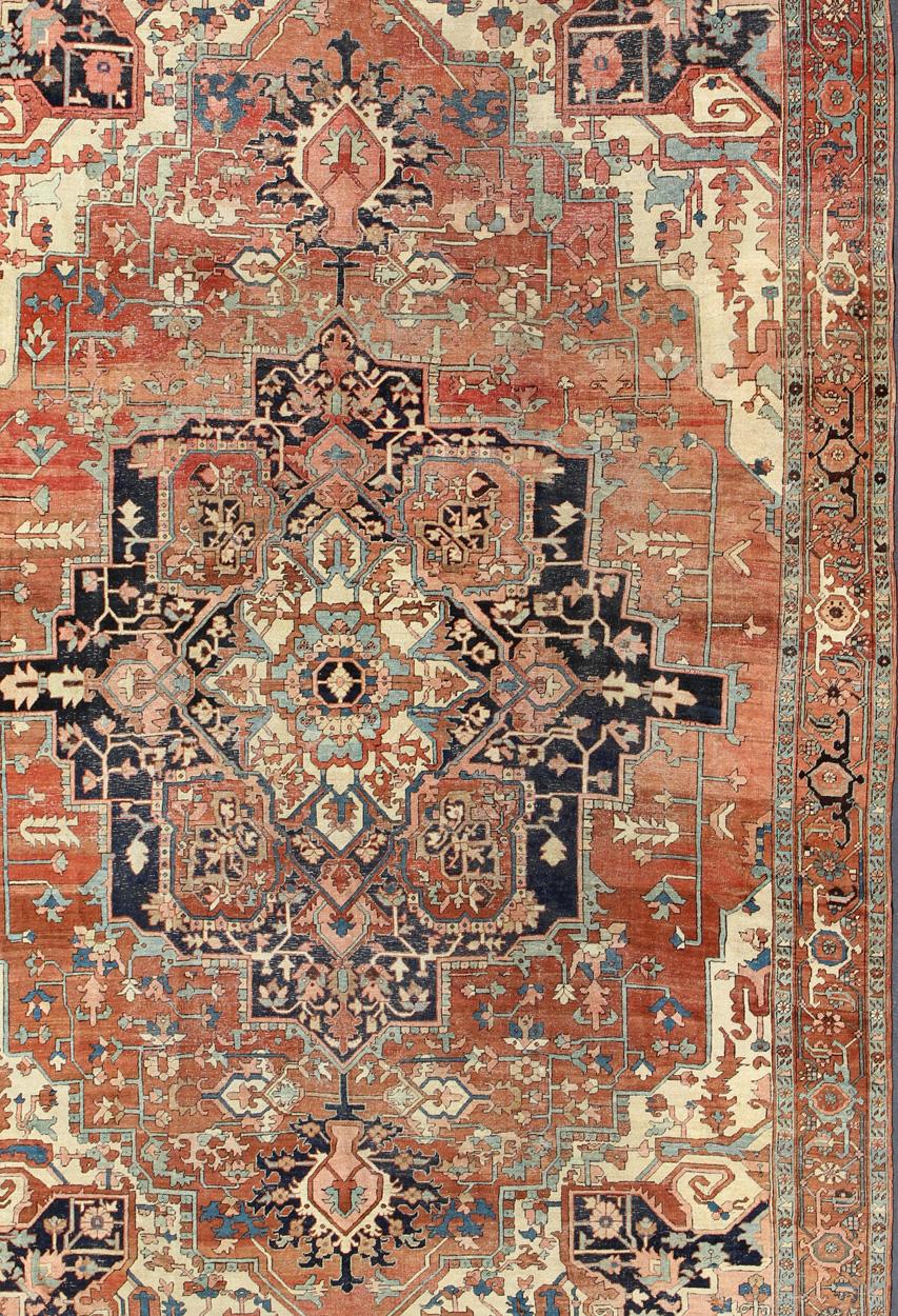 Hand-Knotted 19th Century Antique Persian Serapi Rug Detailed Layered Medallion For Sale