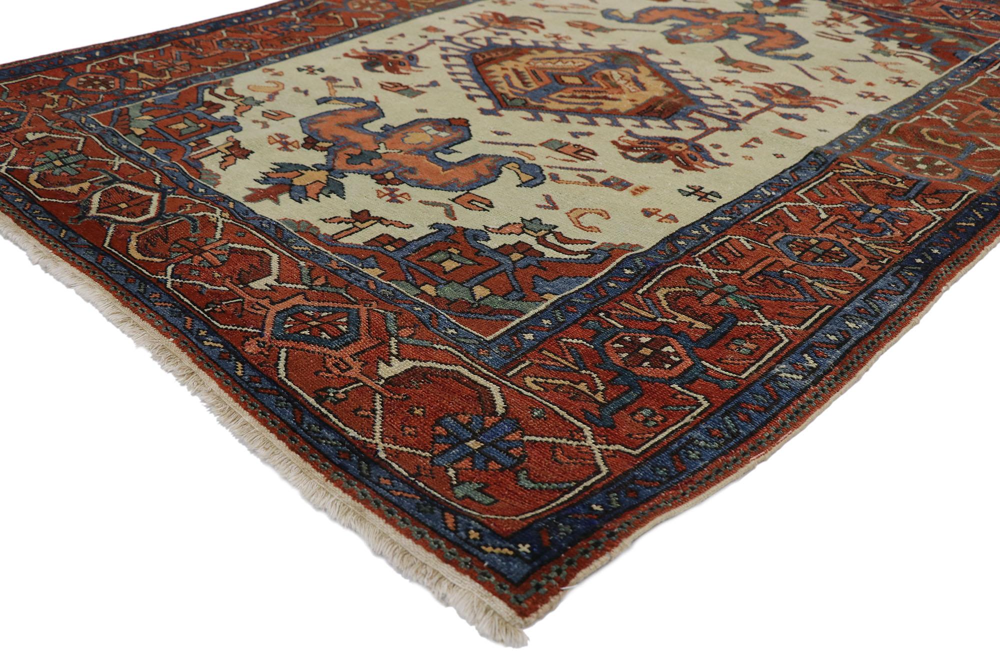 78118 Antique Persian Serapi rug with Modern Tribal style. Measures 04'07 x 05'09. Cleverly composed and poised to impress with its rustic sensibility, this hand knotted wool antique Persian Serapi rug will take on a curated lived-in look that feels