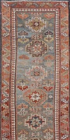 Antique Persian Serapi Runner In Light Blue and Rust Geometric Design 2'8 X 9'8