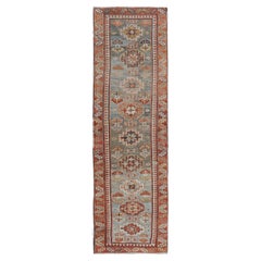 Tapis de couloir persan Serapi ancien bleu clair et rouille à motif géométrique 2'8 x 9'8