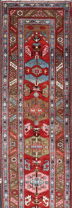 Antique Persian Serapi Runner with Red Field and Tribal Medallions