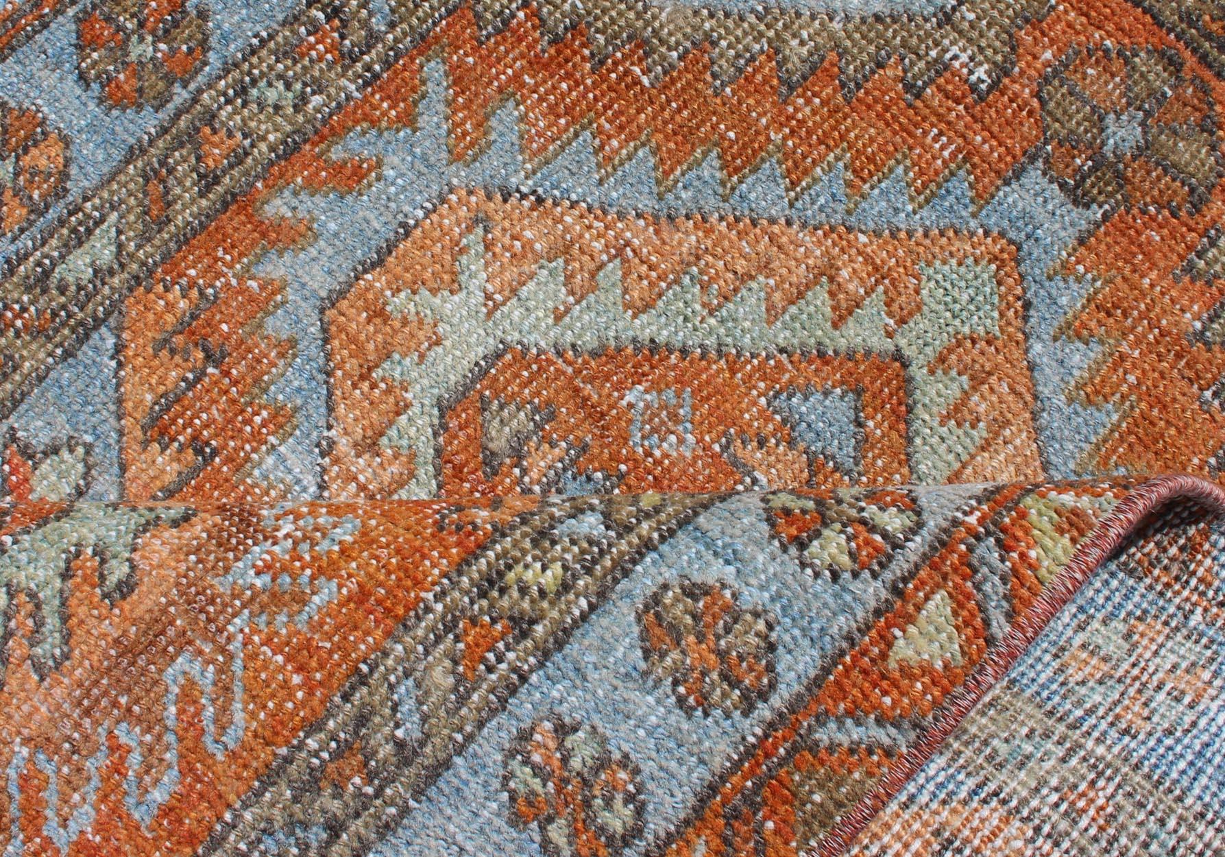 Wool Antique Persian Serapi Small Rug with Dual Medallion Design in Orange and Blue