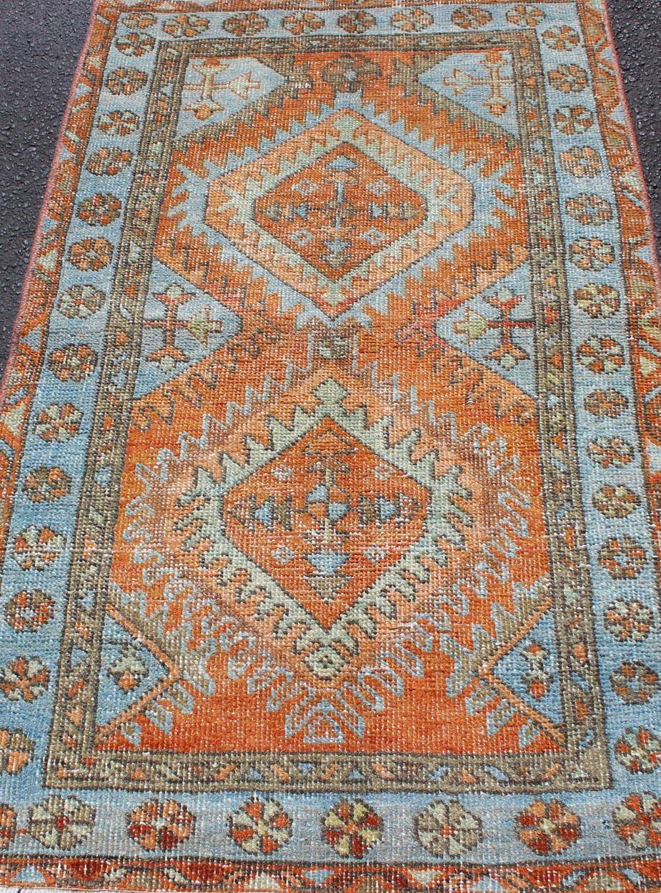 Antique Persian Serapi Small Rug with Dual Medallion Design in Orange and Blue 1