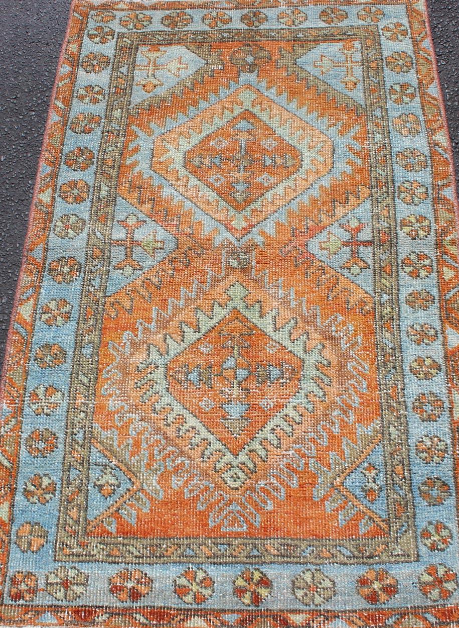 Antique Persian Serapi Small Rug with Dual Medallion Design in Orange and Blue 2