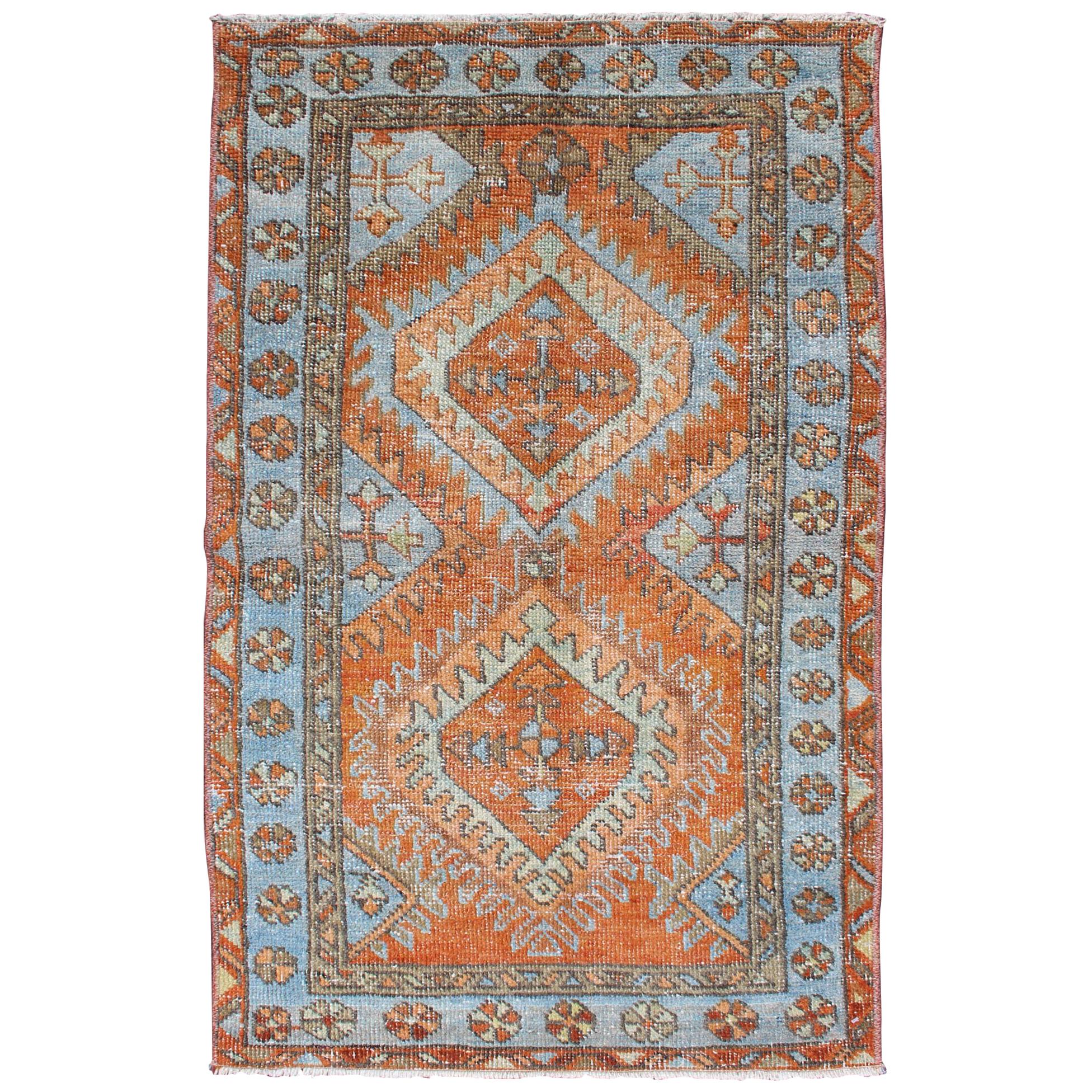 Antique Persian Serapi Small Rug with Dual Medallion Design in Orange and Blue