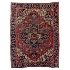 Antique Persian Serapi with Navy Medallion and Rosette Border