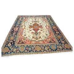 Tappeto antico persiano Serapi in lana 9x11 avorio, salmone e marina fatto a mano