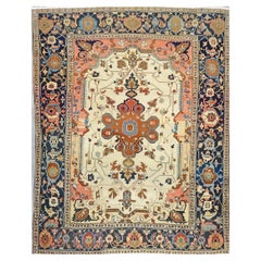 Tappeto antico persiano Serapi in lana 9x11 avorio, salmone e marina fatto a mano