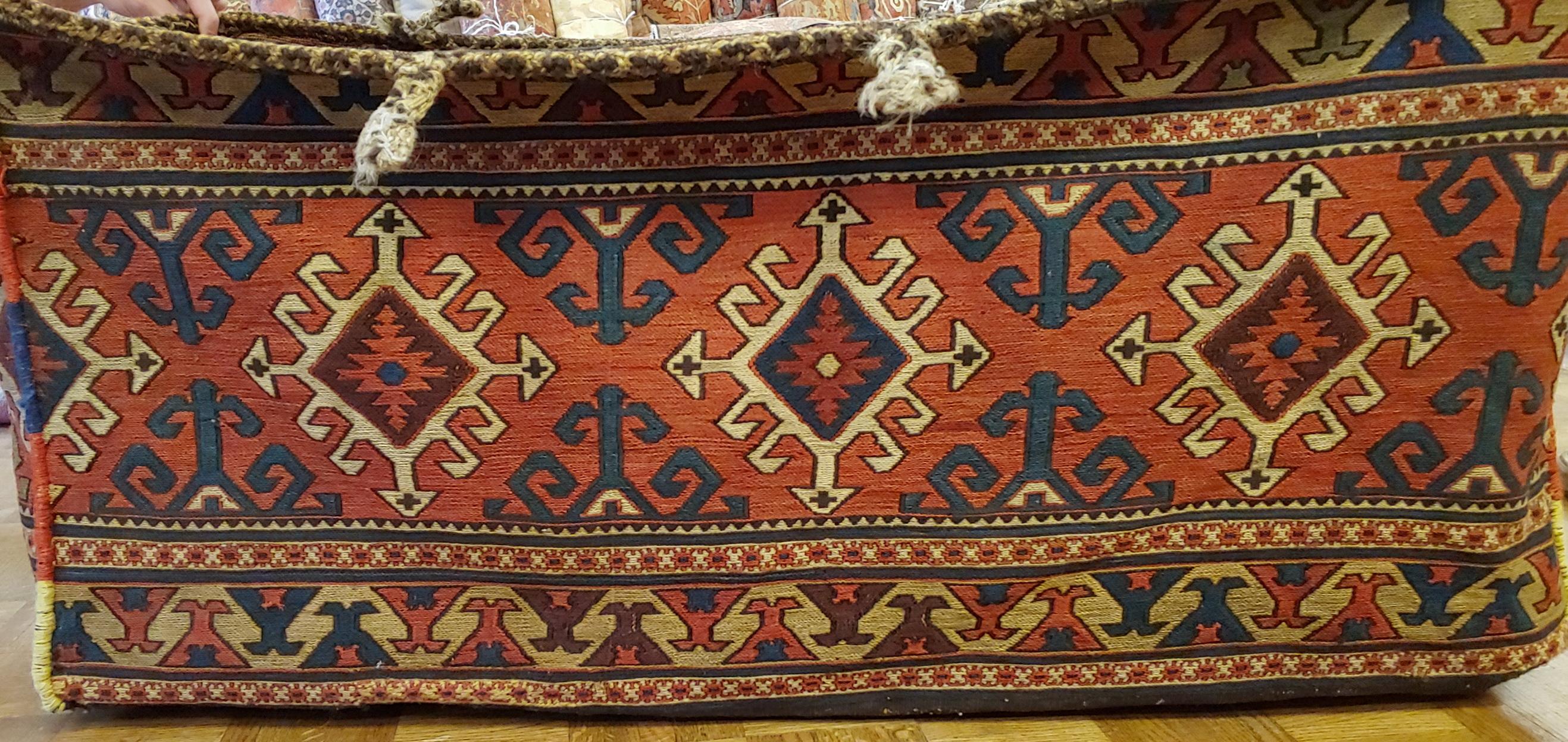 Kazak Antique Persian Shahsavan Mafrash Storage Bag, Soumak & Kelim Weave, Wool, 1920 For Sale