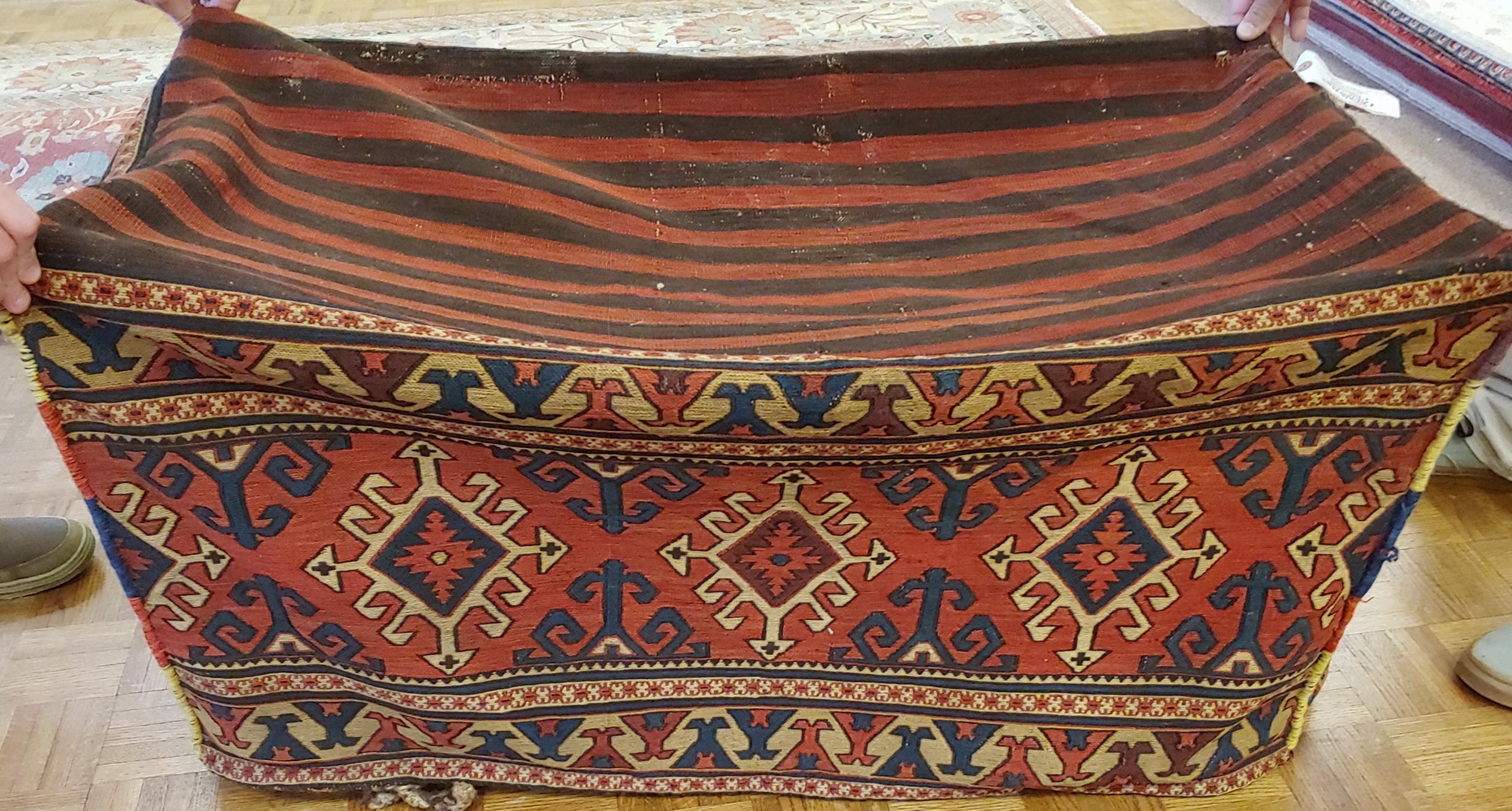 Caucasian Antique Persian Shahsavan Mafrash Storage Bag, Soumak & Kelim Weave, Wool, 1920 For Sale