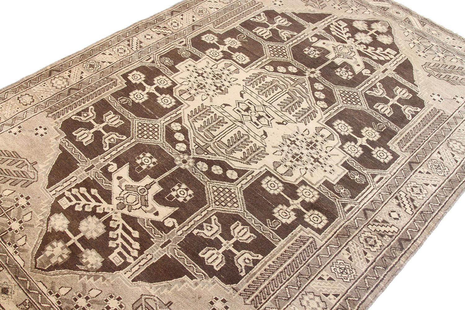 Other Antique Persian Shahsavan Rug with Ivory & Gray Botanical Details on Brown Field For Sale