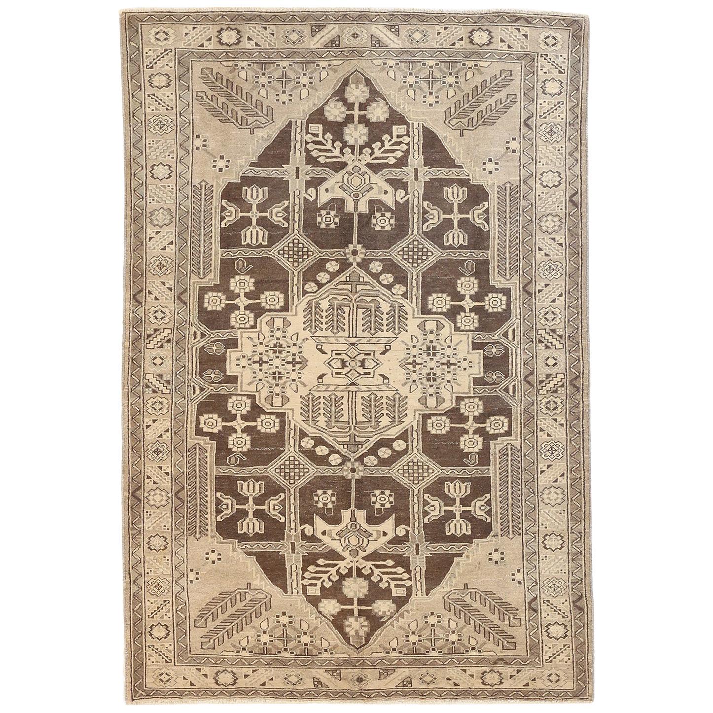 Antique Persian Shahsavan Rug with Ivory & Gray Botanical Details on Brown Field For Sale