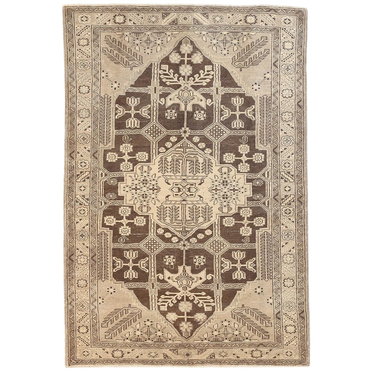 Antique Persian Shahsavan Rug with Ivory & Gray Botanical Details on Brown Field