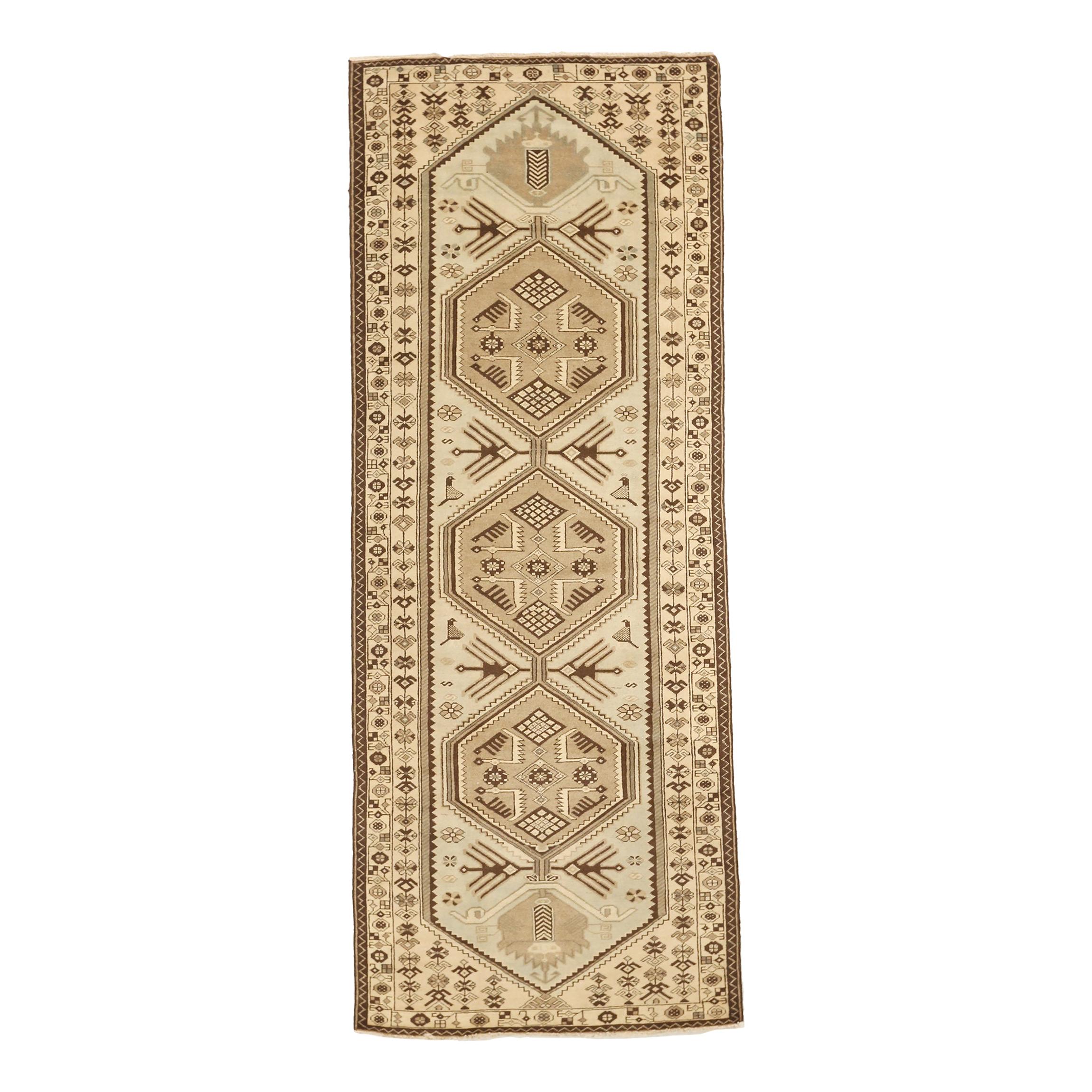 Antique Persian Shahsavan Runner Rug with Ivory and Brown Tribal Details