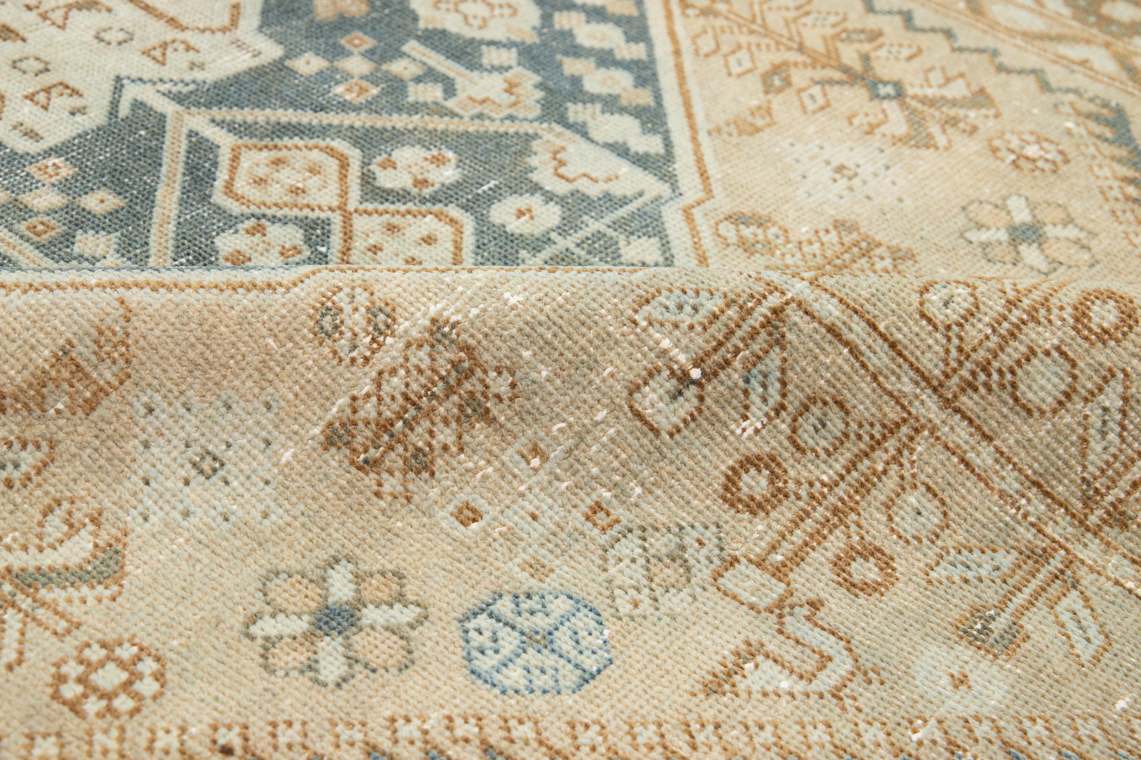 Hand-Knotted Antique Persian Shiraz Beige and Blue Wool Rug With Chic Design For Sale