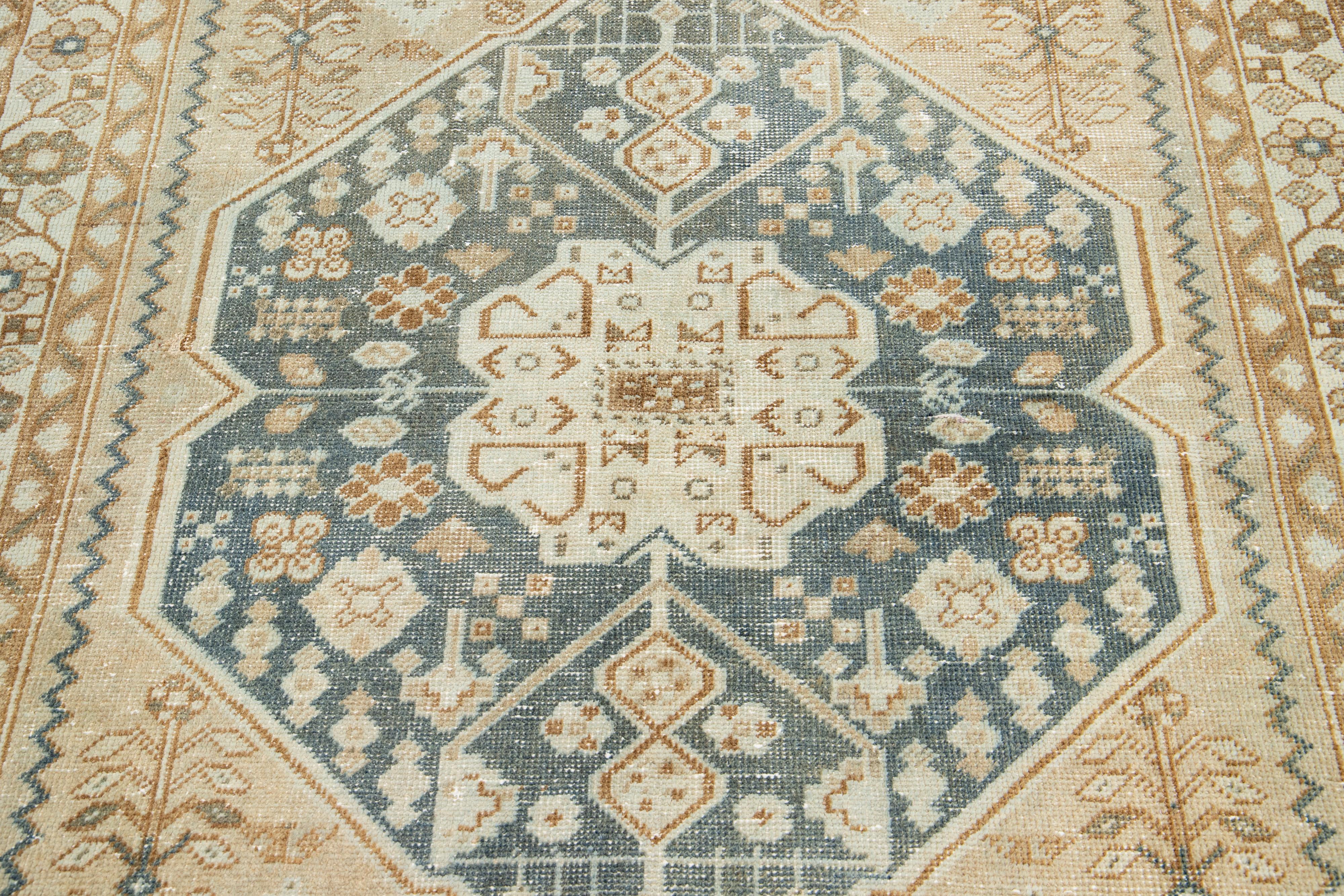 Antique Persian Shiraz Beige and Blue Wool Rug With Chic Design For Sale 1