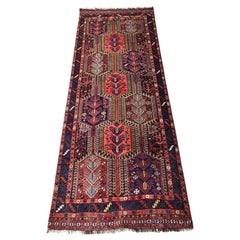 Tapis de couloir géométrique persan antique Shiraz / Meziti - rouille, bleu marine et jaune