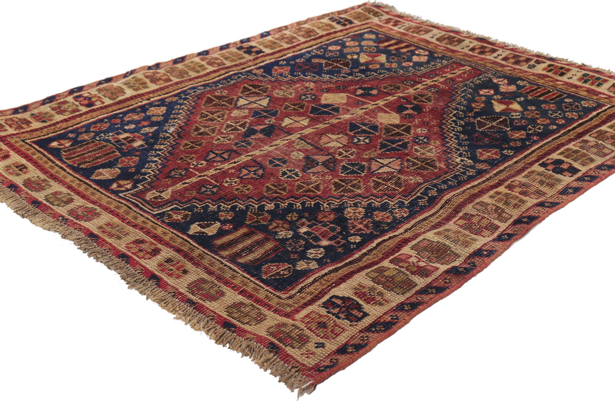 61217 Antique Persian Shiraz Rug, 02'07 x 03'03.

Full of tiny details and nomadic charm, this hand knotted wool antique Persian Shiraz rug is a captivating vision of woven beauty. The eye-catching tribal design and earthy colorway woven into this