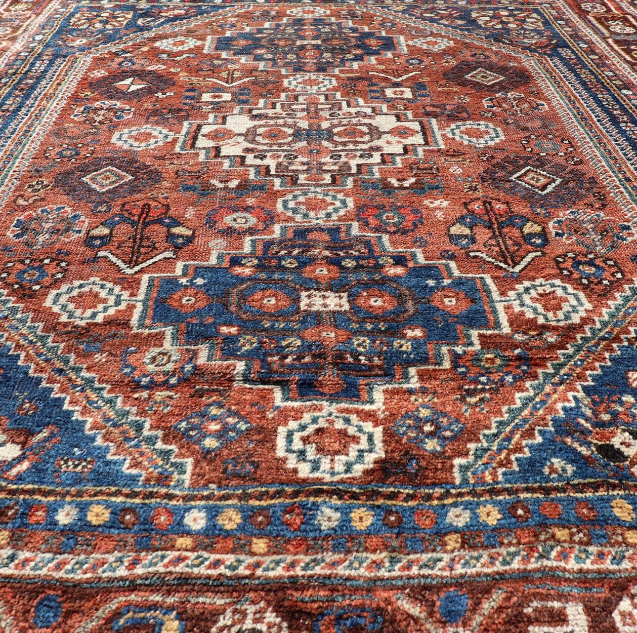 Antique Persian Shiraz Rug Tri-Medallion Geometrics in Rusty Orange and Blue For Sale 3