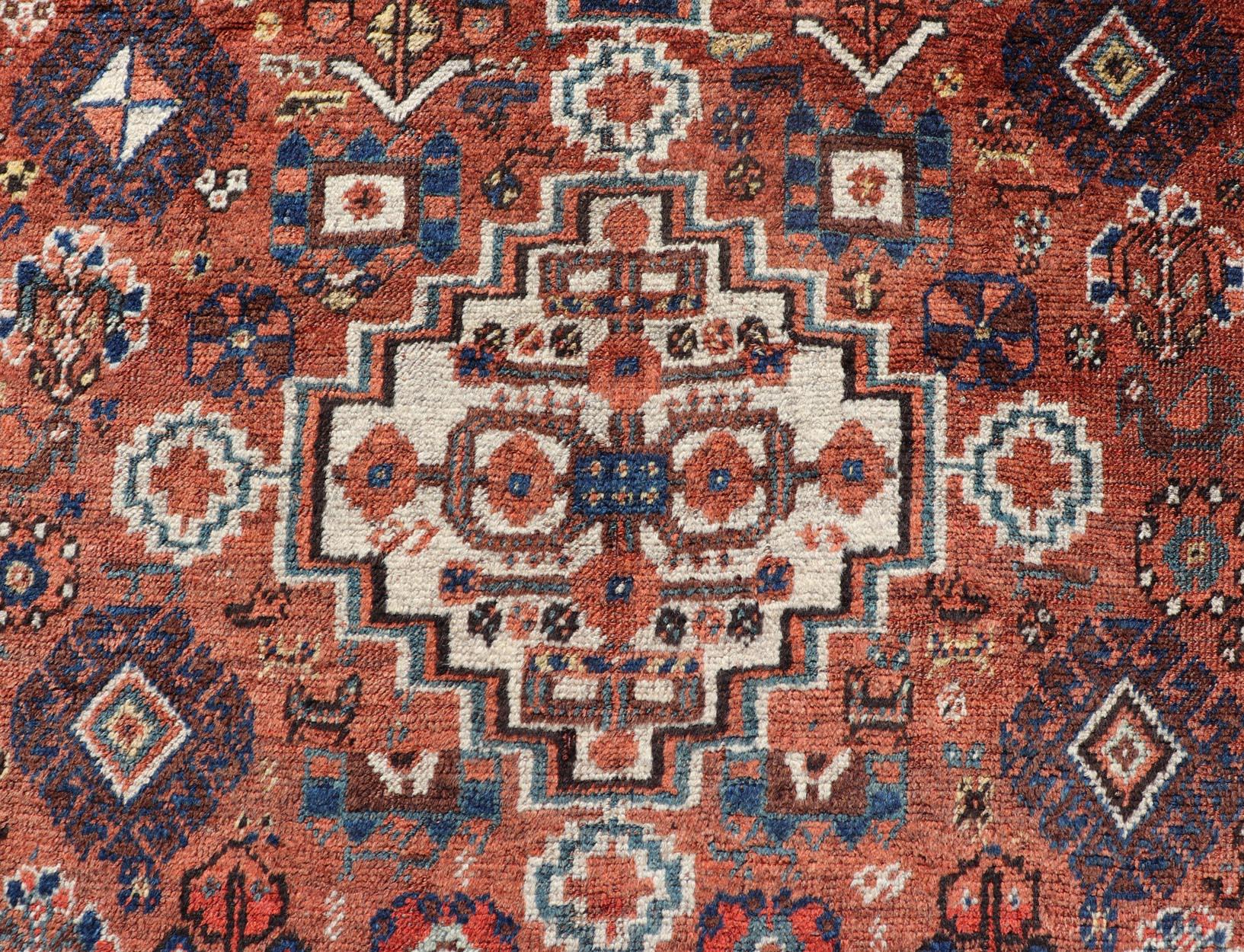Antique Persian Shiraz Rug Tri-Medallion Geometrics in Rusty Orange and Blue For Sale 4