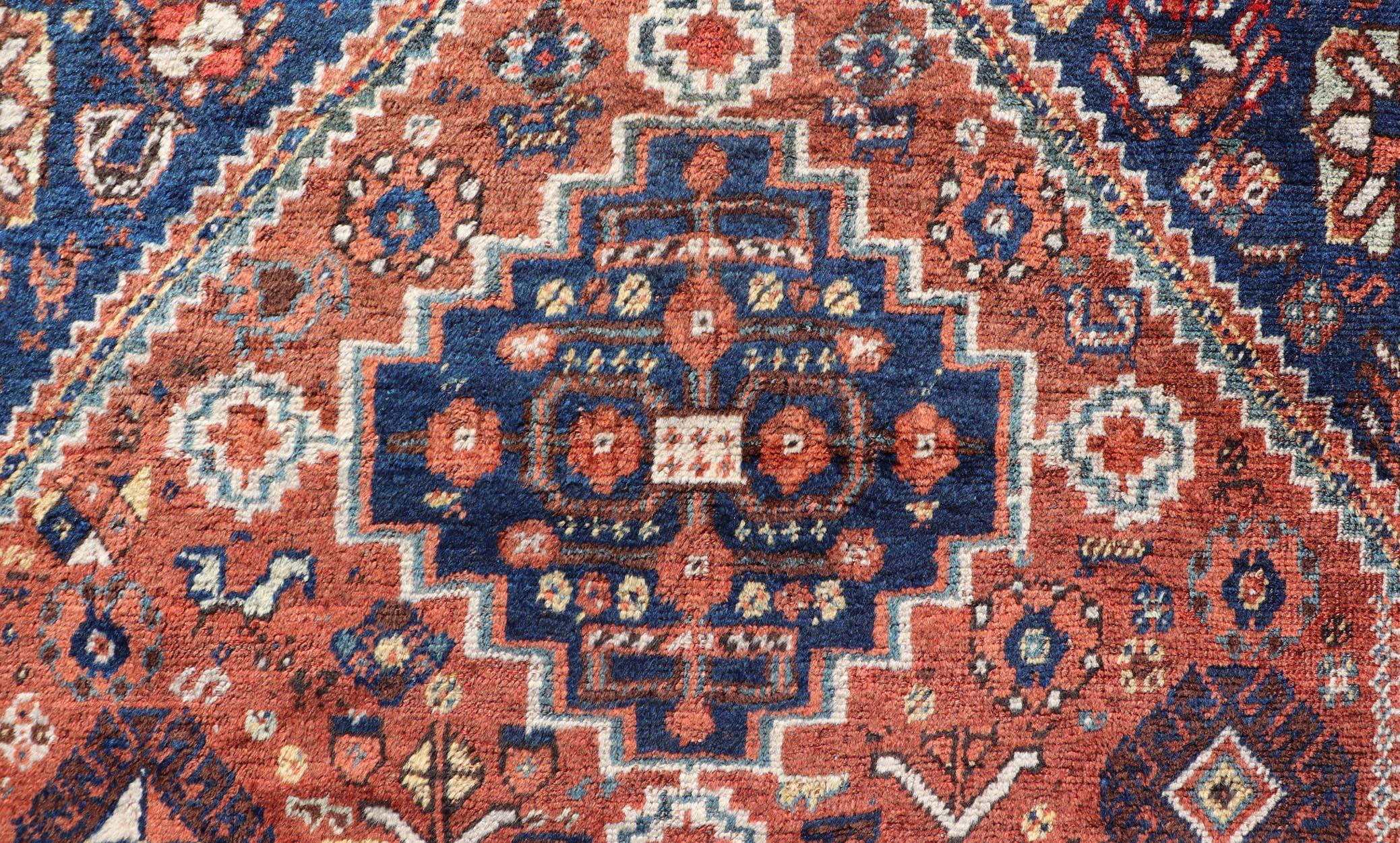 Antique Persian Shiraz Rug Tri-Medallion Geometrics in Rusty Orange and Blue For Sale 5
