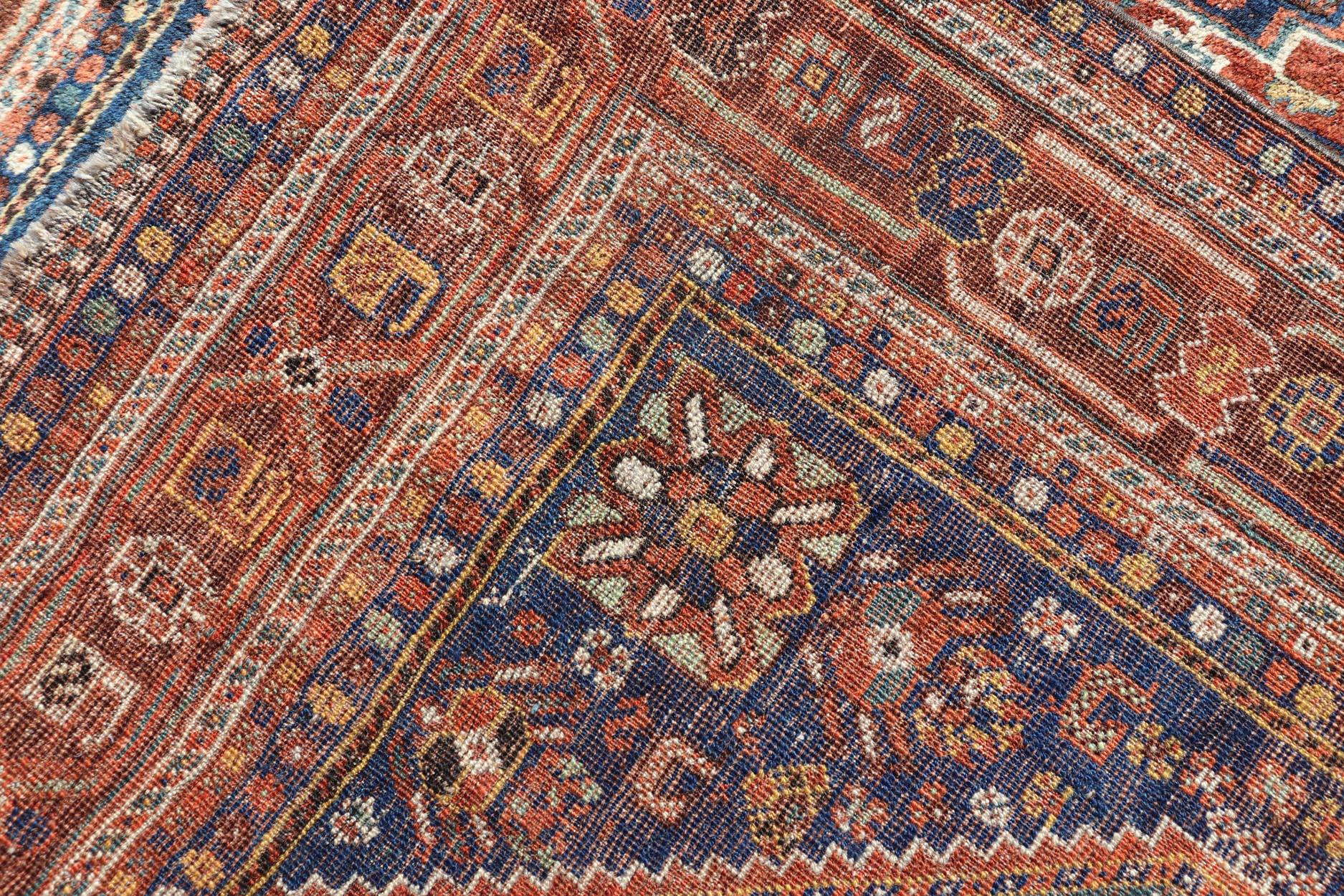 Antique Persian Shiraz Rug Tri-Medallion Geometrics in Rusty Orange and Blue For Sale 7