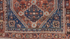Antique Persian Shiraz Rug Tri-Medallion Geometrics in Rusty Orange and Blue**